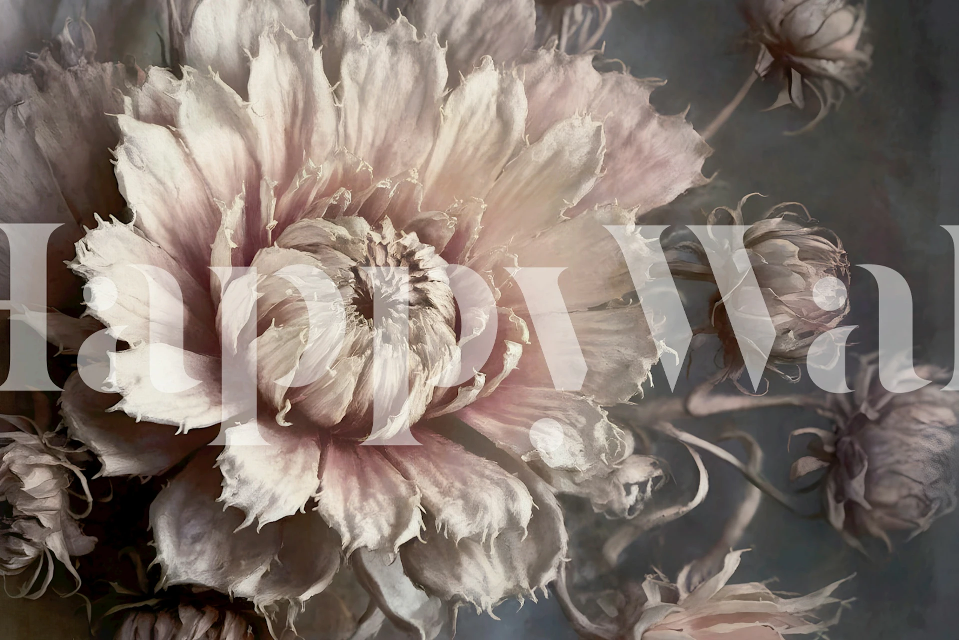 Large antique peony flowers in soft pastel colors wallpaper