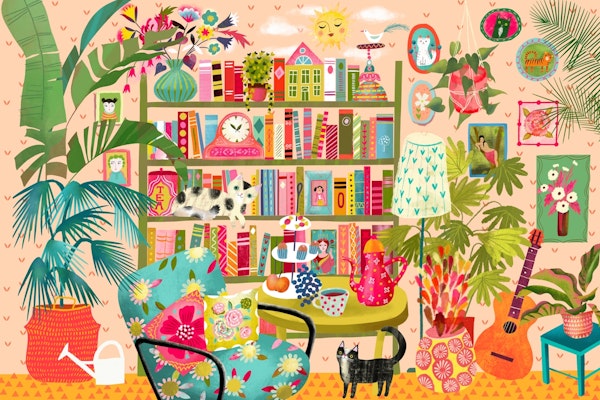 books and plants cozy room