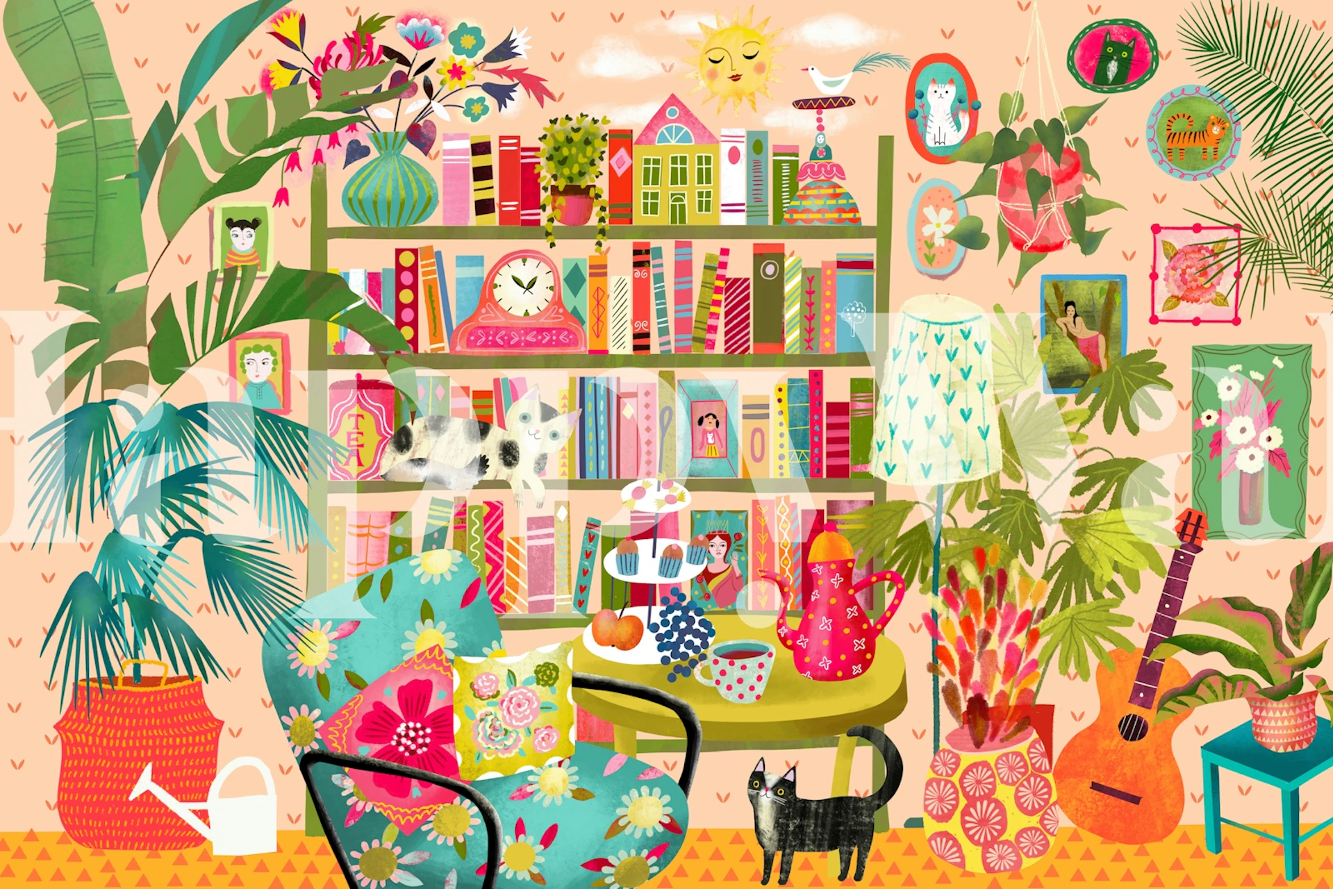 Colorful floral designs, books, plants, and cozy decor wallpaper