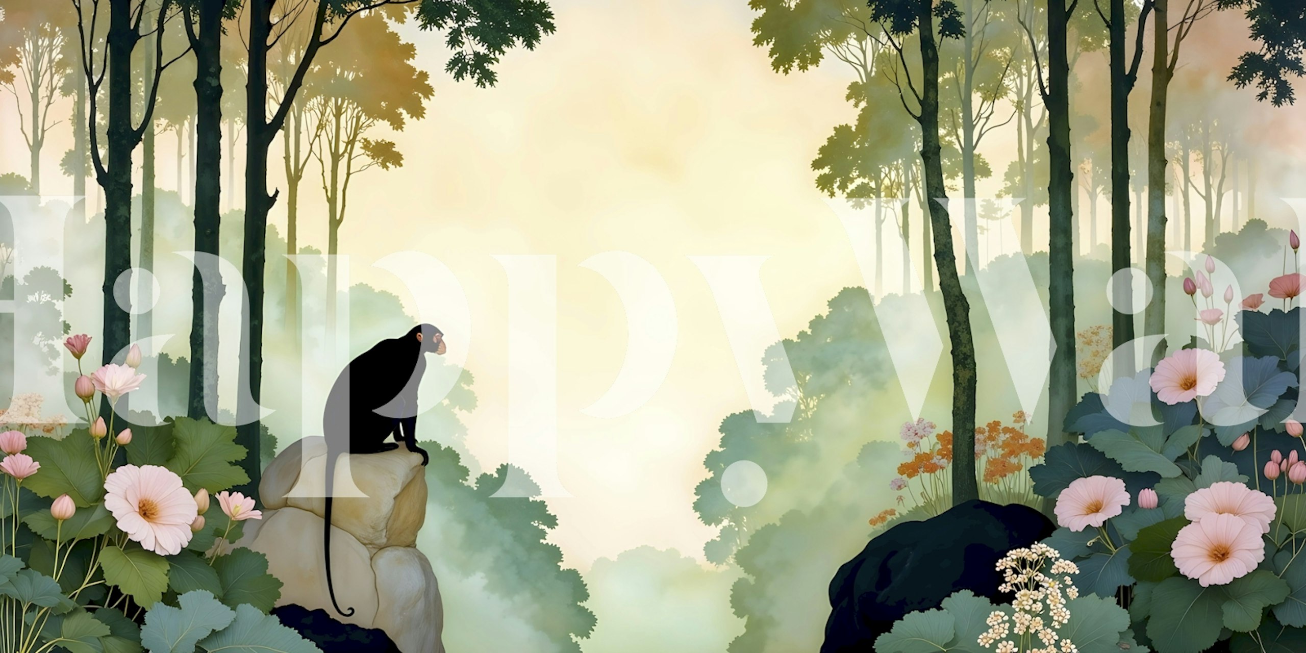 Tropical forest wallpaper with a monkey, pastel flowers, and tall trees