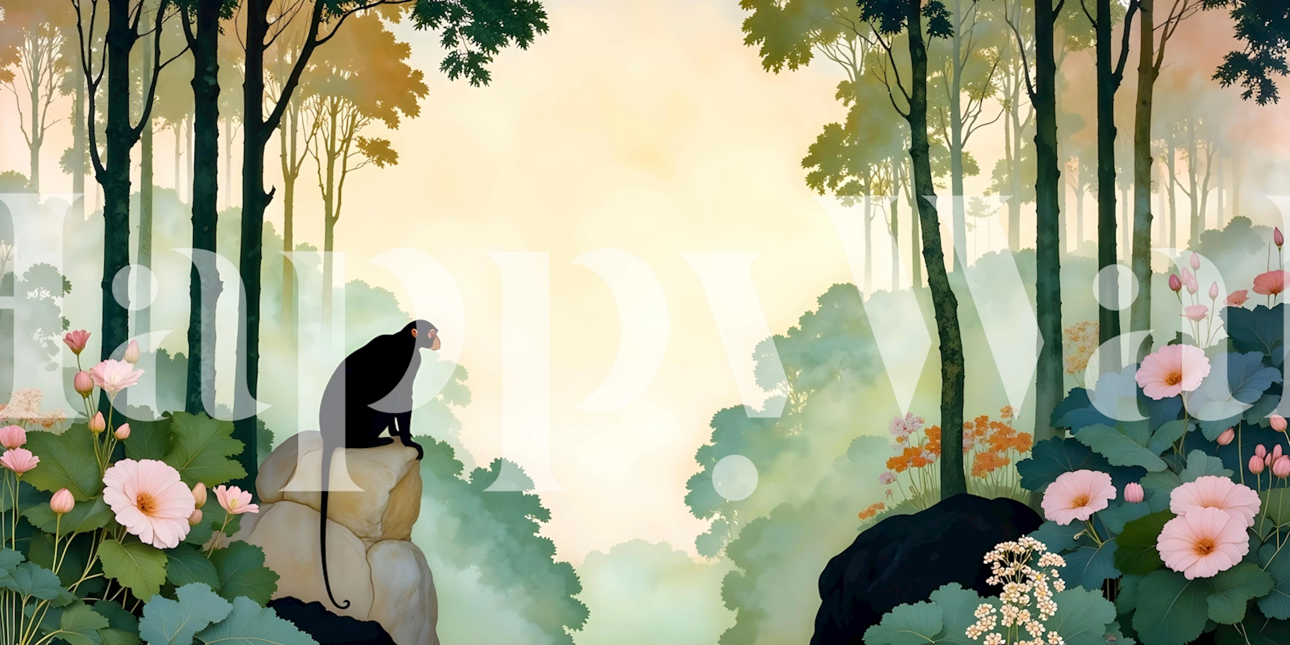 Tropical forest wallpaper with a monkey, pastel flowers, and tall trees