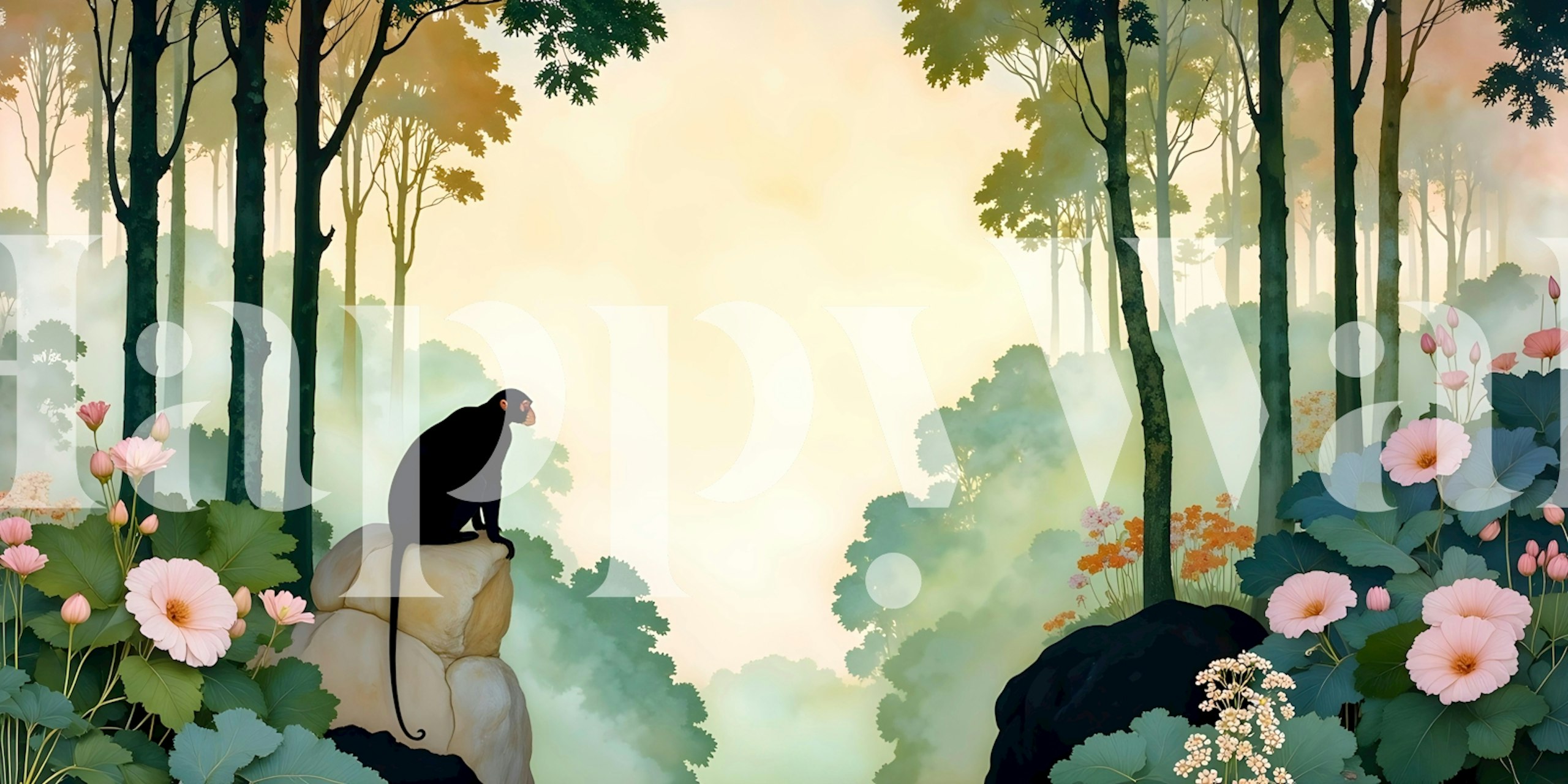 Tropical forest wallpaper with a monkey, pastel flowers, and tall trees