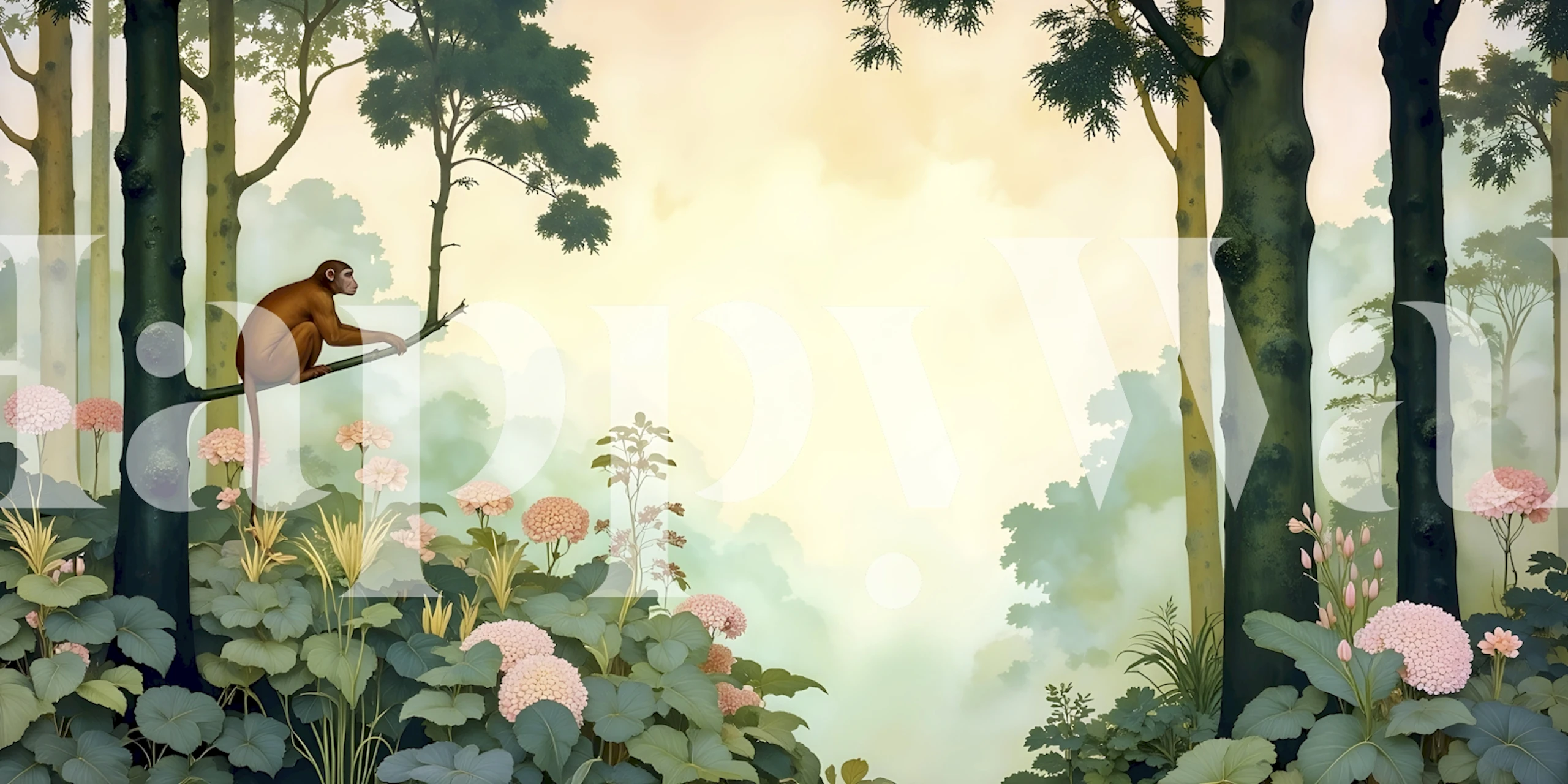 Tropical jungle scene with monkeys, pink flowers, and green foliage wallpaper