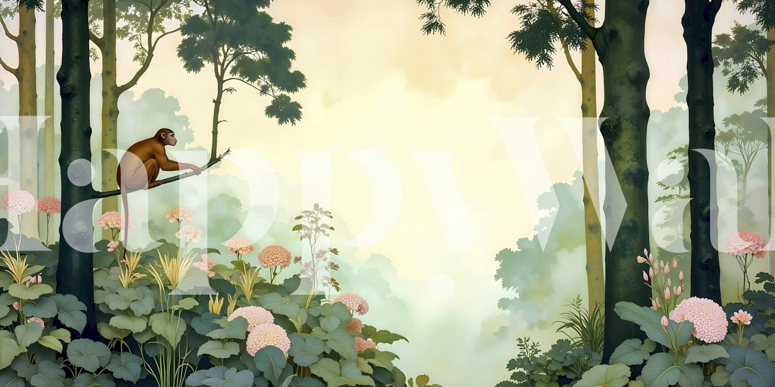 Tropical jungle scene with monkeys, pink flowers, and green foliage wallpaper