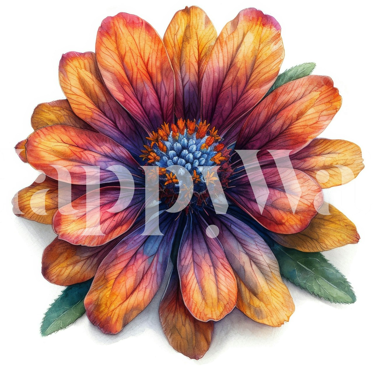 Vibrant Gaillardia flower design in bright orange, purple, and blue colors. Floral wallpaper