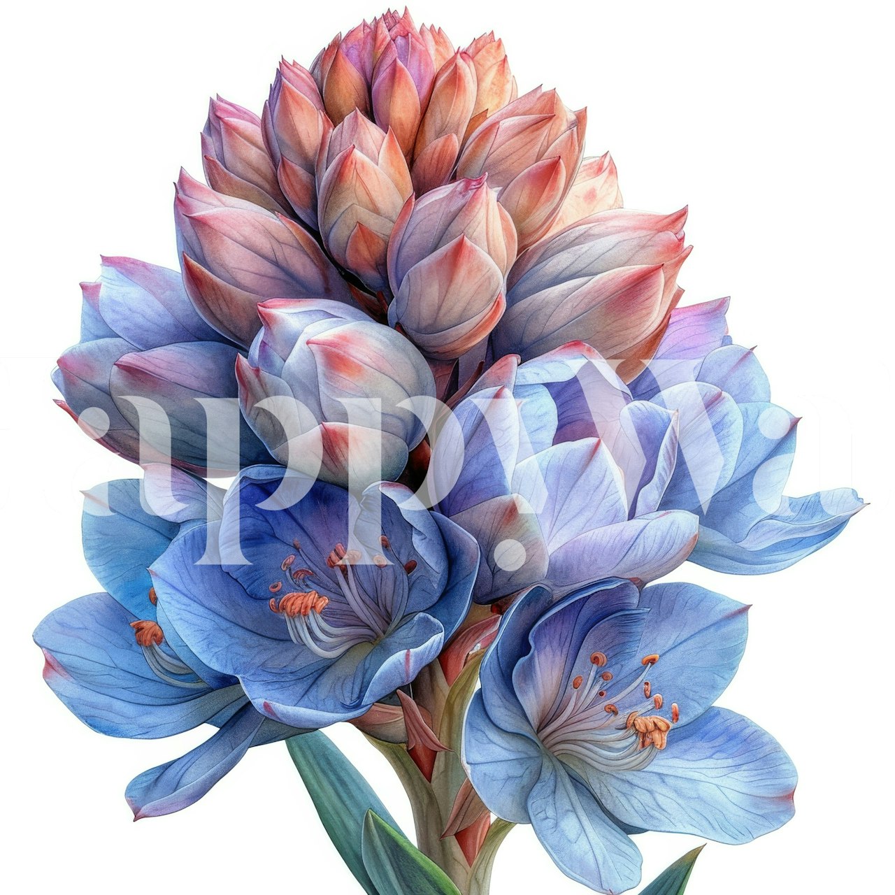 Yucca blooms in soft blue and pink hues, floral wallpaper