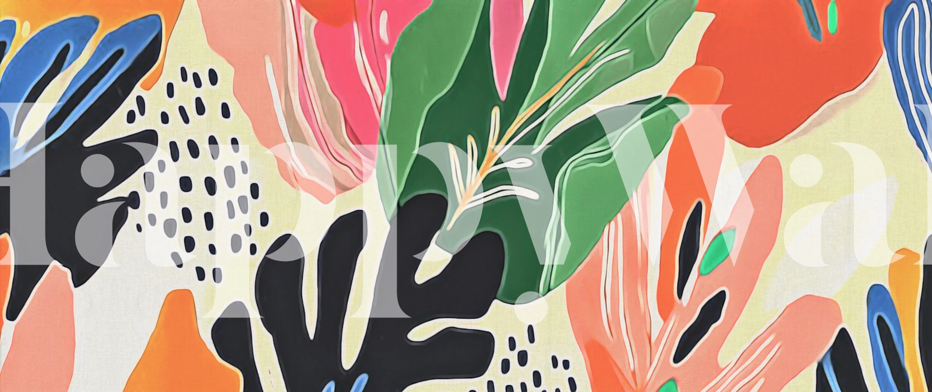 Vibrant colored flower bouquet design with green leaves and abstract patterns wallpaper