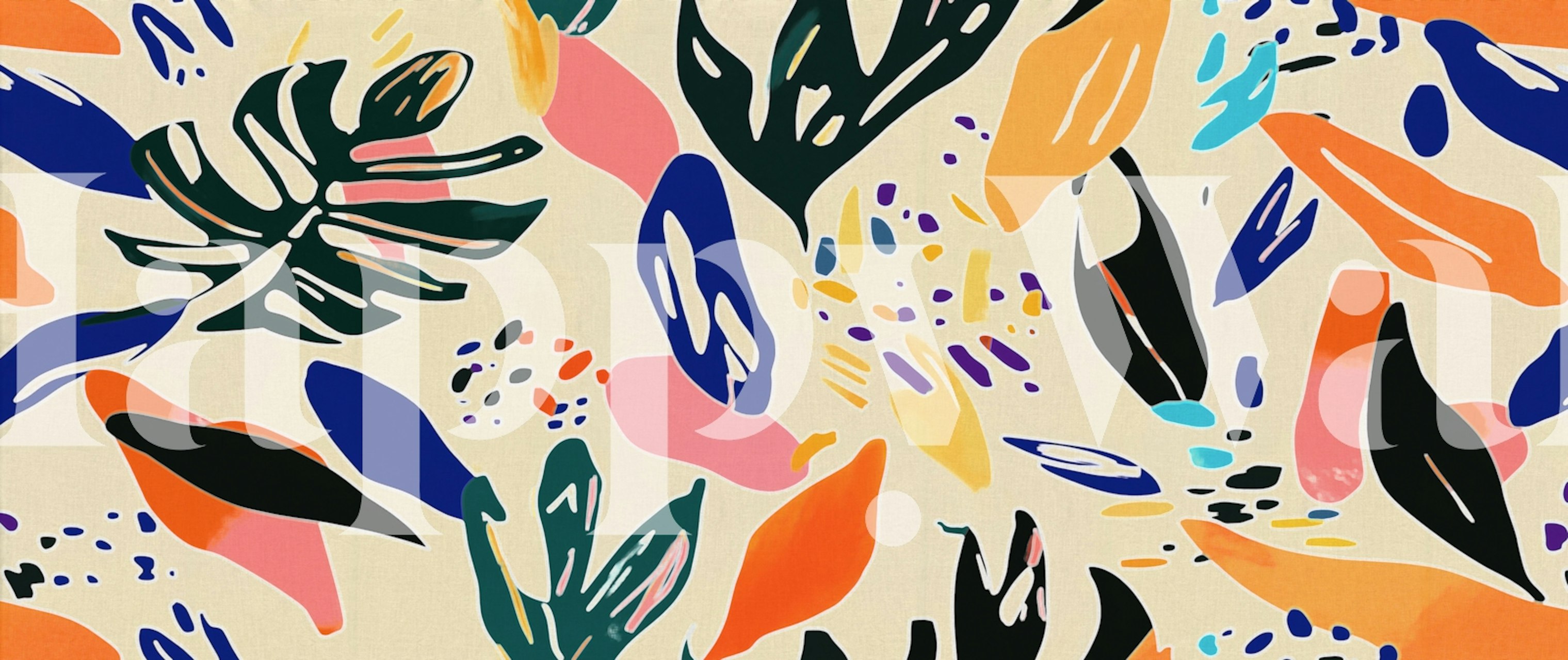 Colorful floral pattern with leaves and shapes in vibrant hues wallpaper