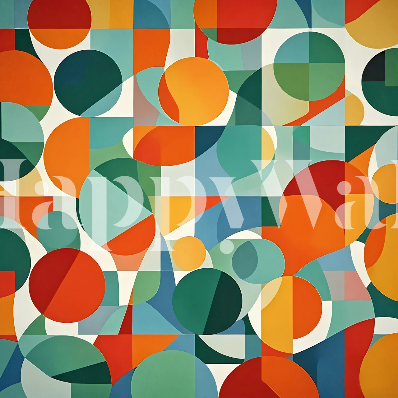 Colorful geometric shapes in blue, orange, green, and yellow wallpaper