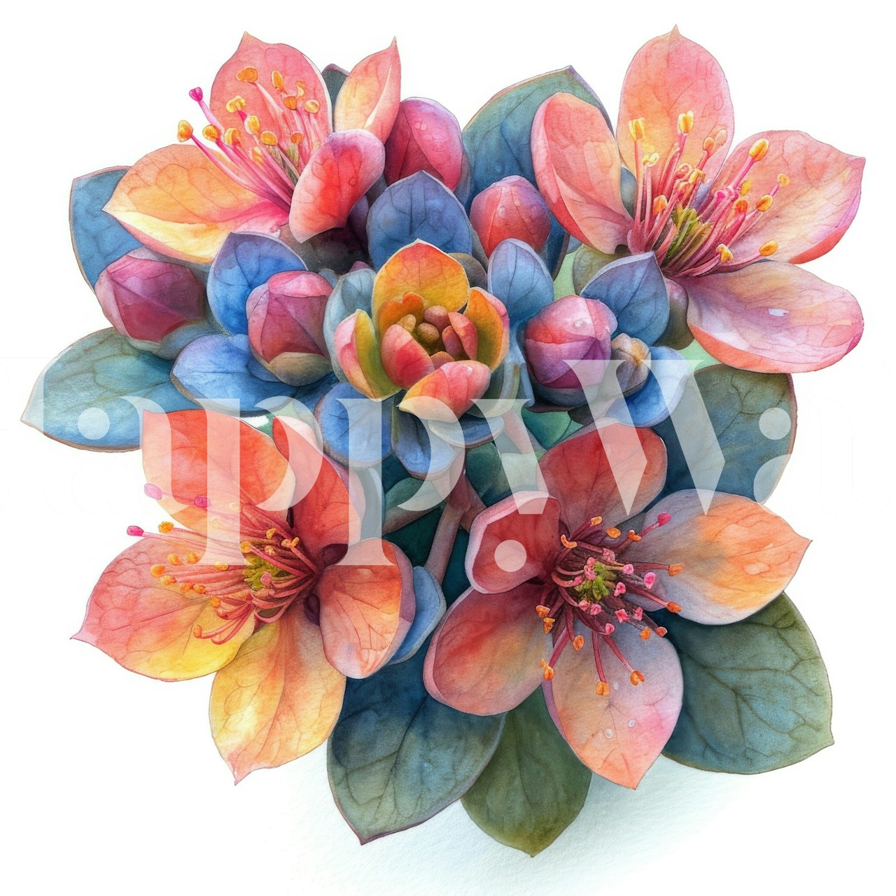 Colorful floral design with pink and blue flowers in a watercolor style wallpaper