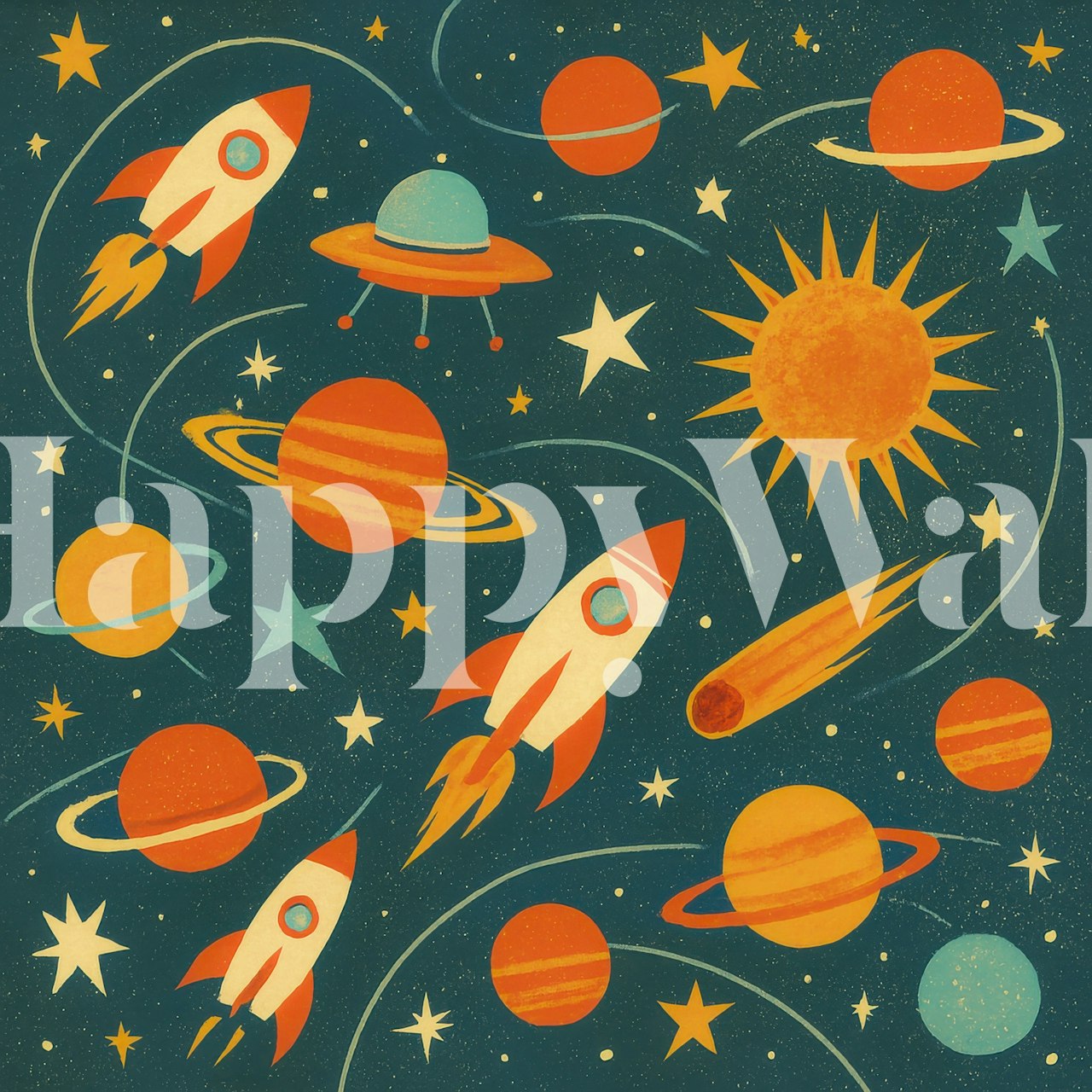 Colorful rockets and planets pattern on blue background wallpaper