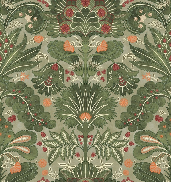 Botanic Damask Olive Sage Green Red Orange