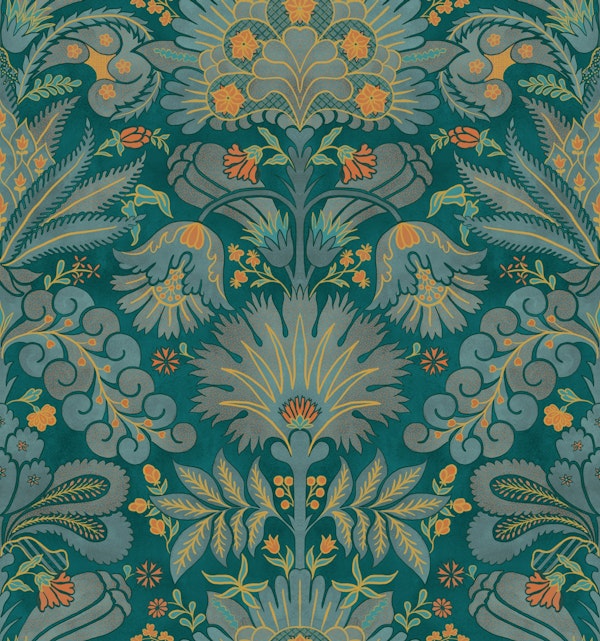 Botanic Damask Teal Blue Orange