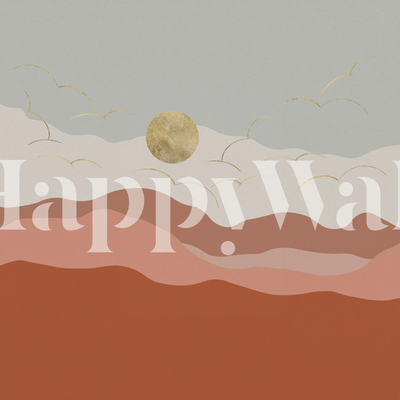 Bohemian landscape wallpaper featuring warm earthy colors and a gold sun