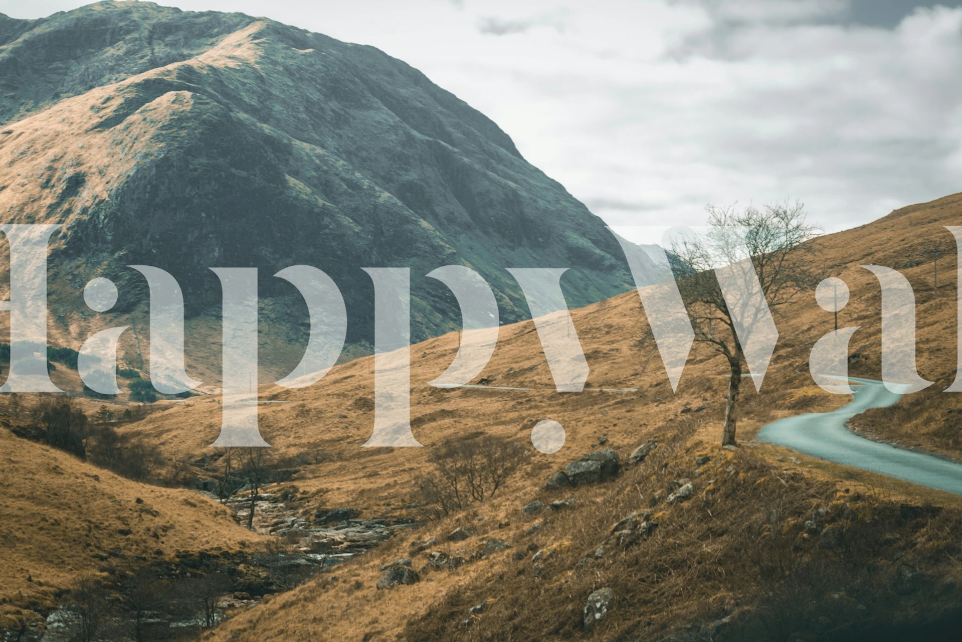 Scenic country lane with mountains and tree wallpaper