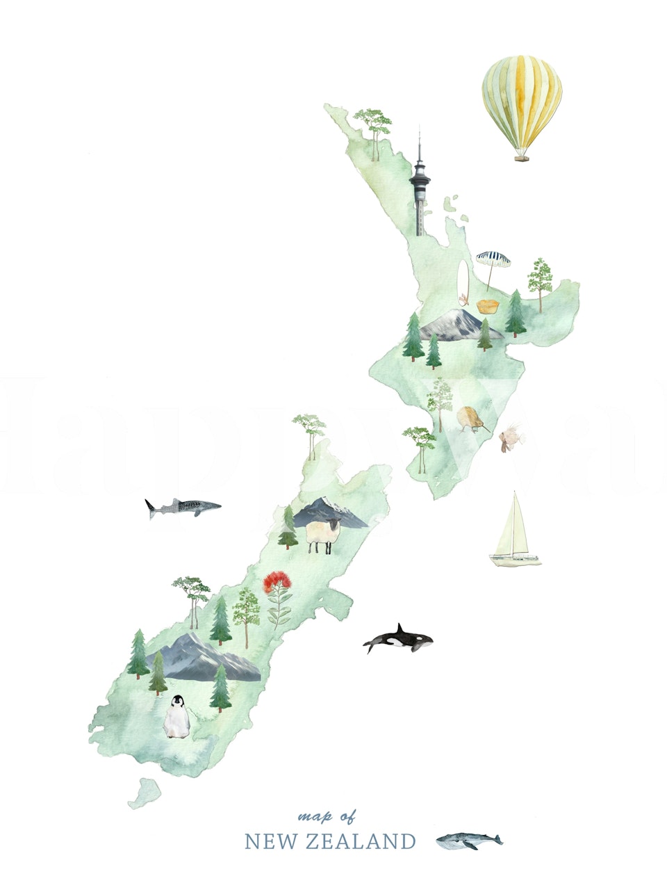 Illustration of a New Zealand map with landscapes and activities wallpaper