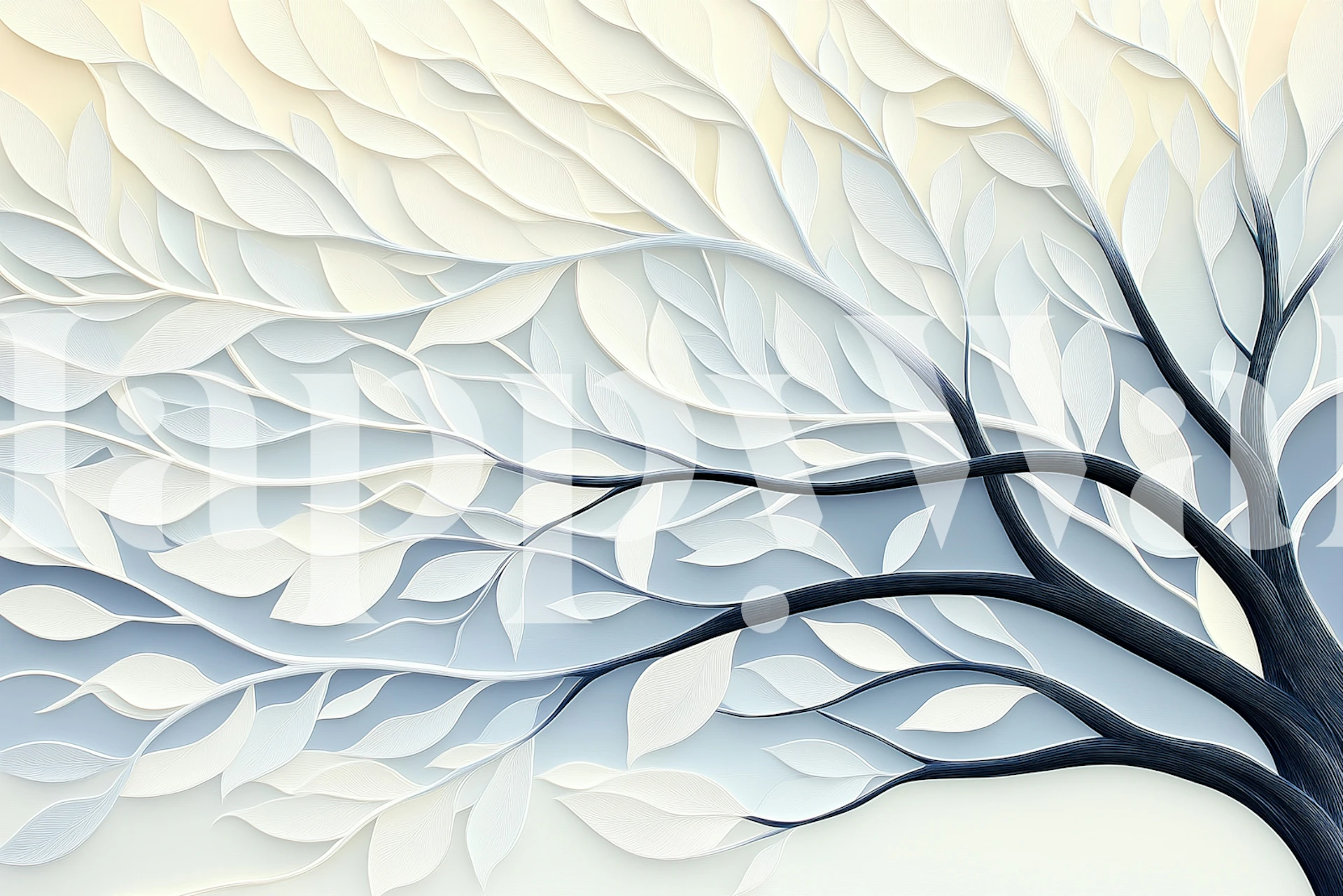 Elegant tree silhouette with white leaves and blue background wallpaper