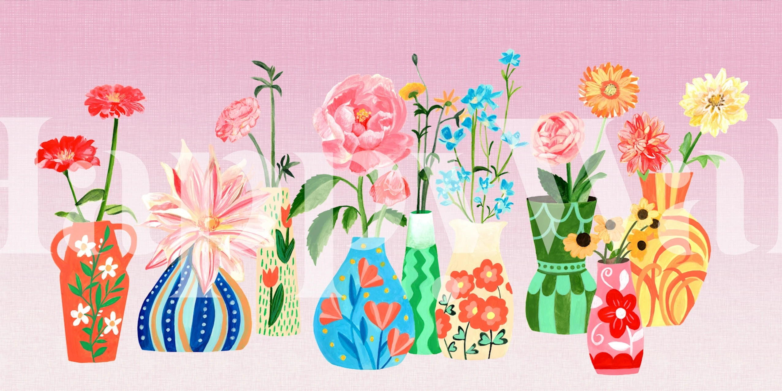 Colorful flower vase arrangement on soft pink background wallpaper