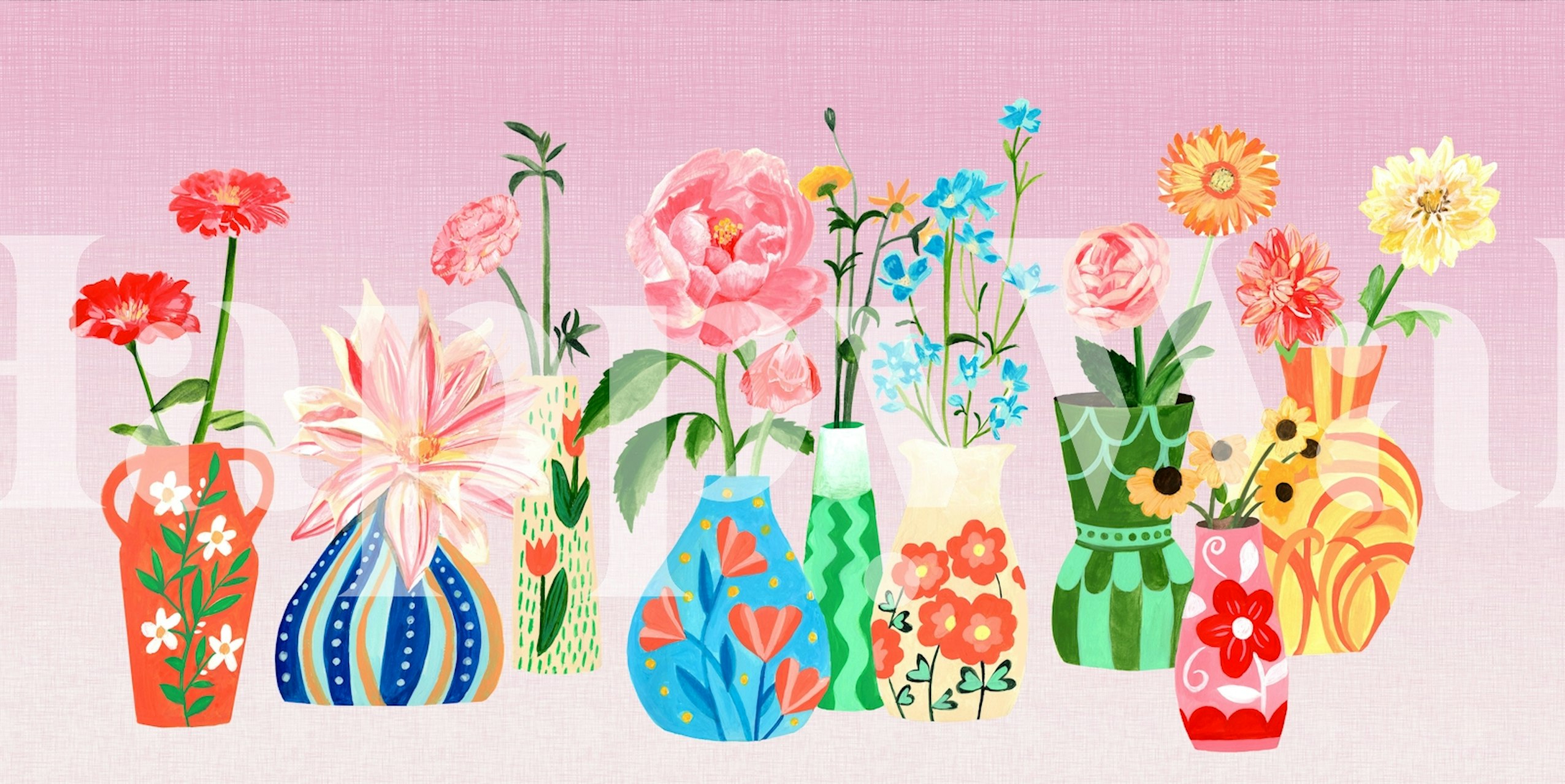 Colorful flower vase arrangement on soft pink background wallpaper