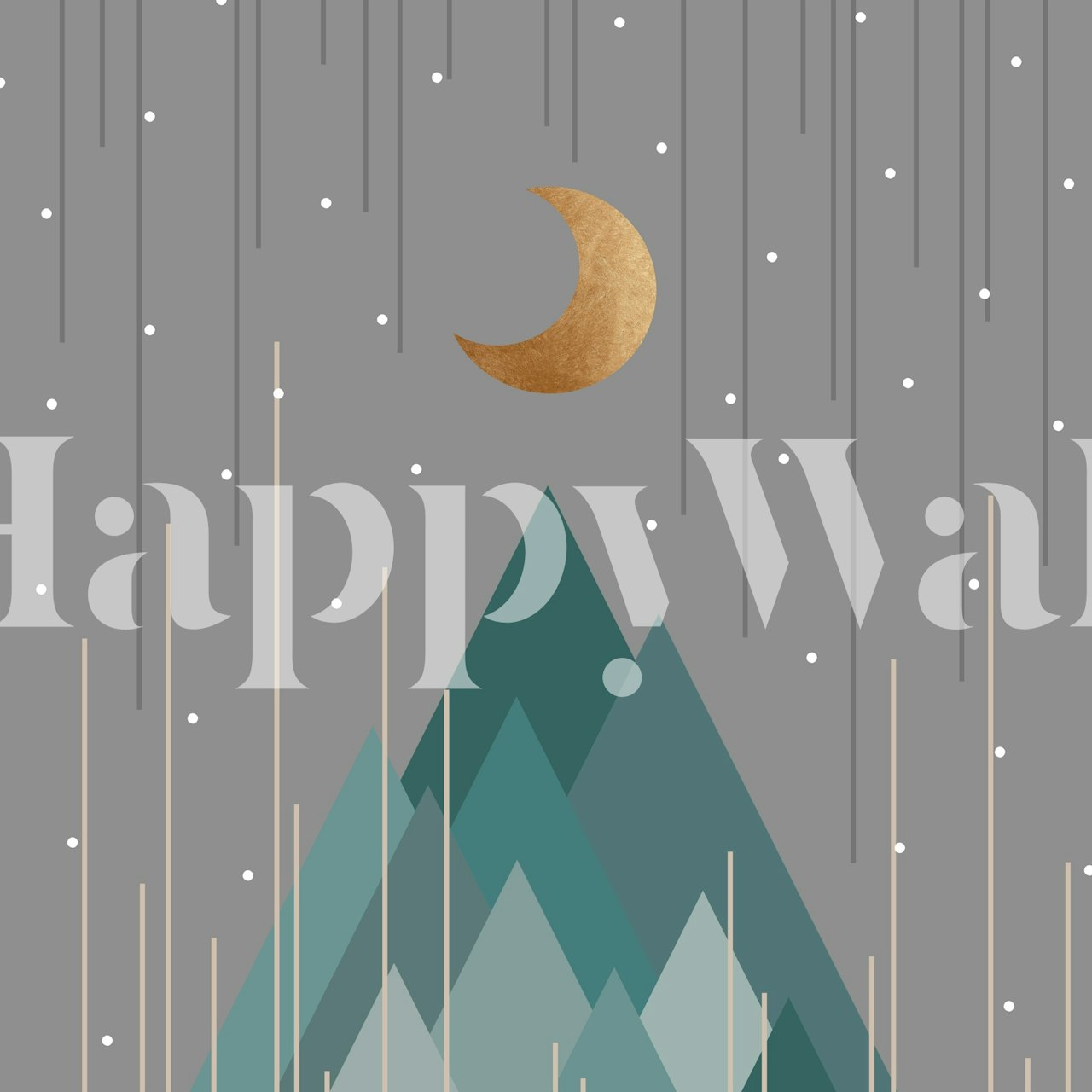 Mountain peaks with moon and stars in mint green wallpaper