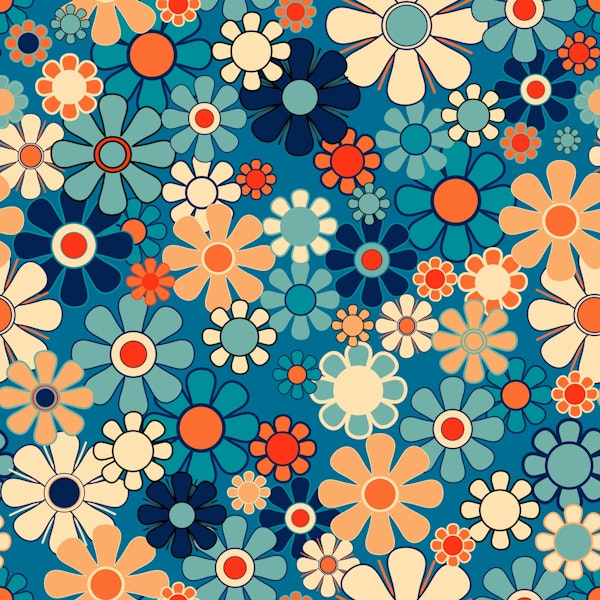 Retro Garden Blue and Orange Floral Pattern