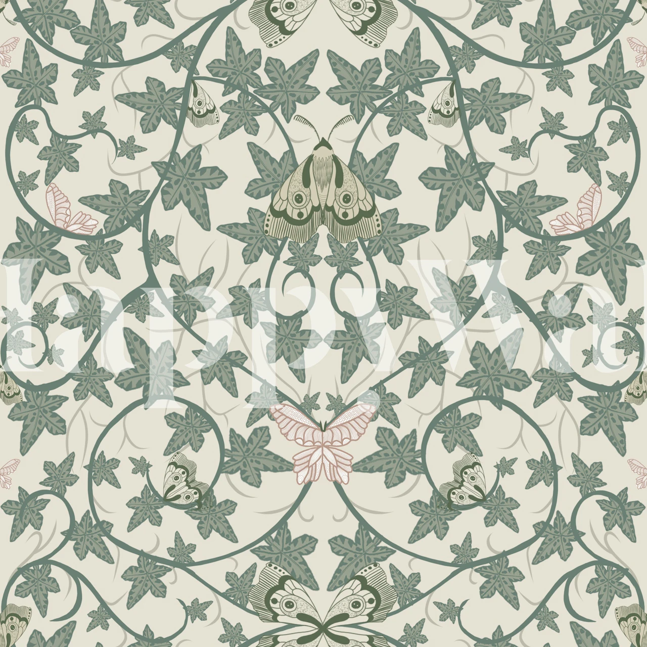 Botanical wallpaper with butterflies and leaves in green and soft pink