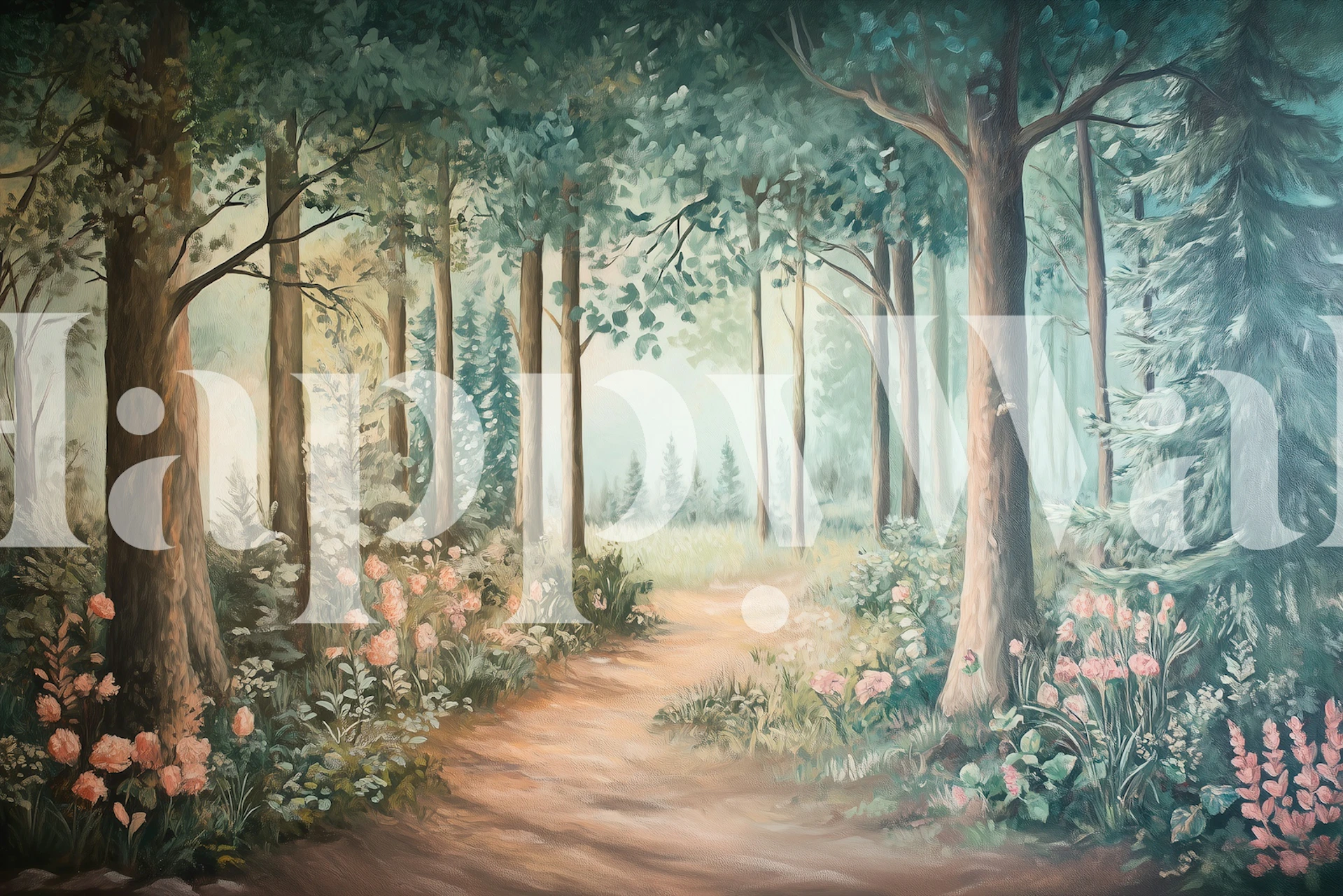 Scenic forest trail with lush greenery and blooming flowers wallpaper.