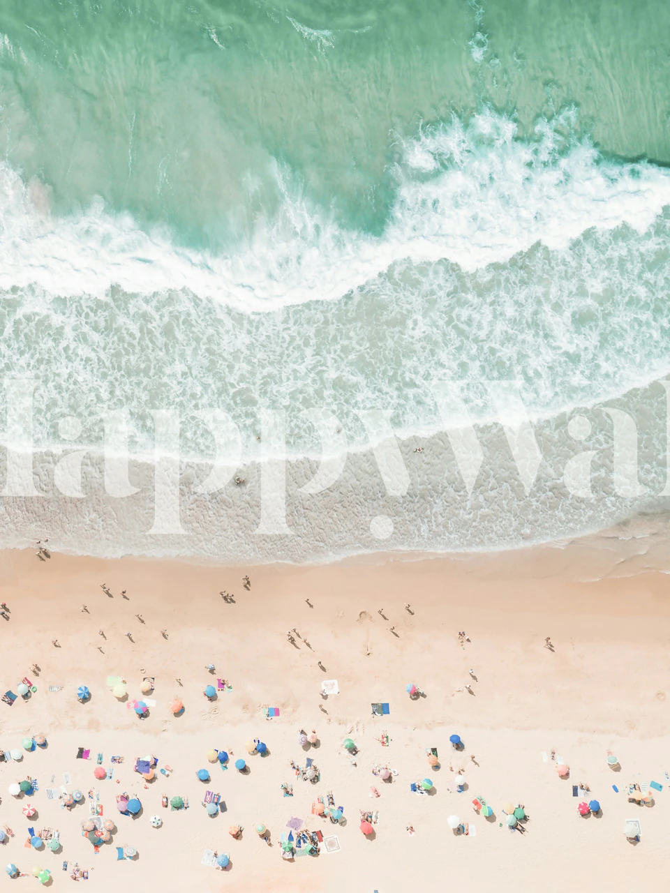 Aerial beach view with turquoise water, white waves, and colorful umbrellas chalked on sandy shore wallpaper