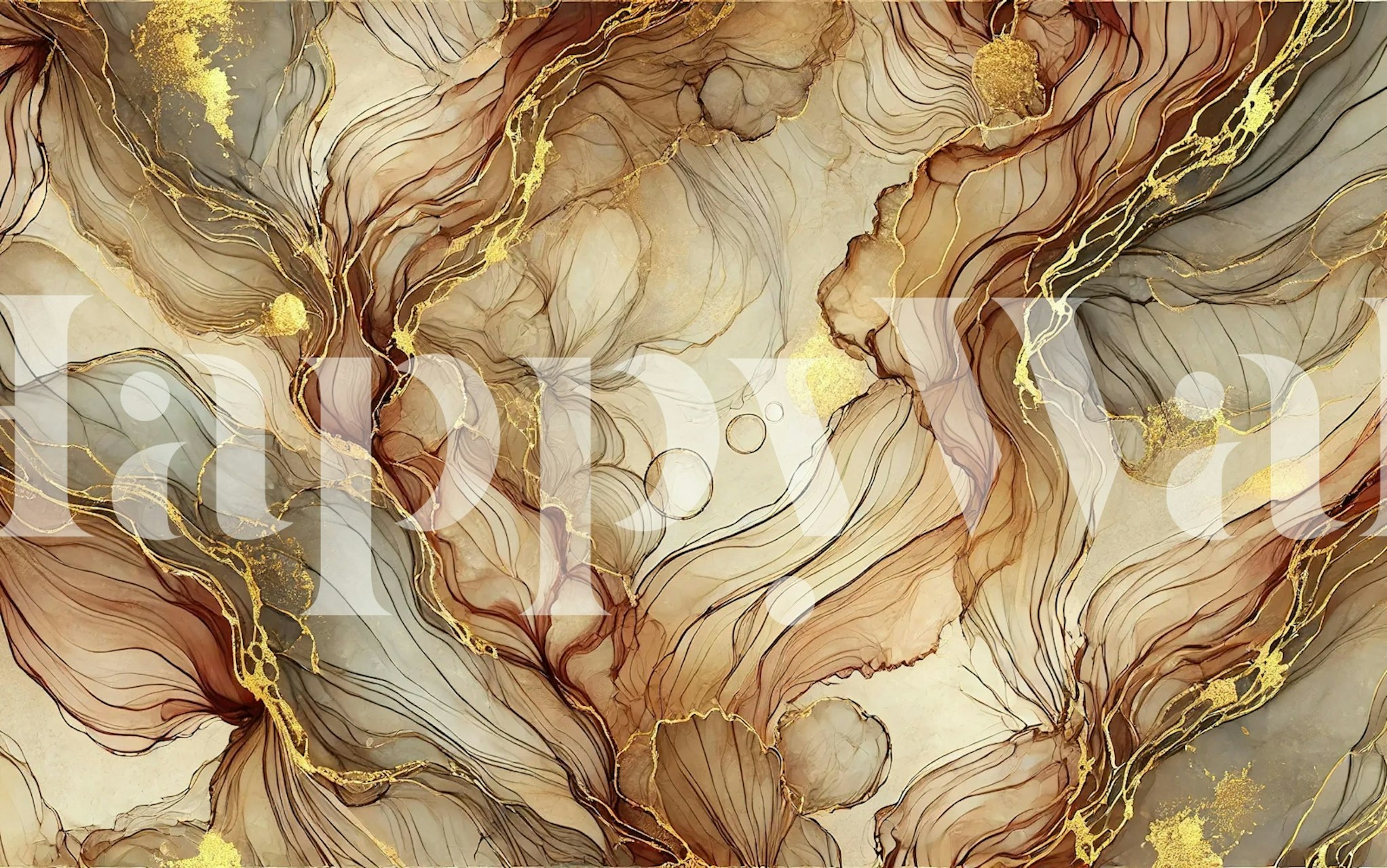 Abstract caramel ink swirls with gold accents wallpaper
