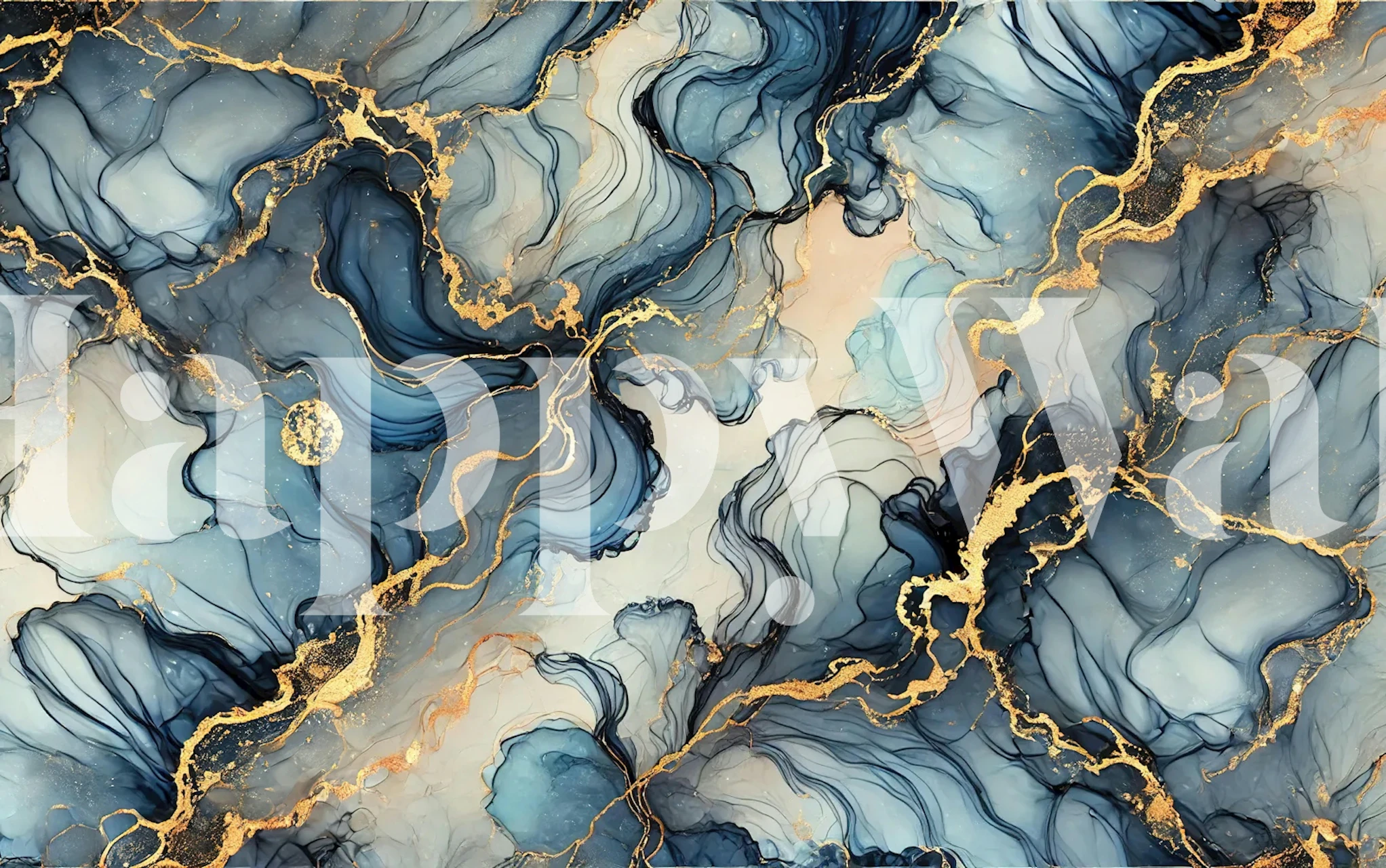 Deep Sapphire Flow Alcohol Ink Tapete in einem Raum