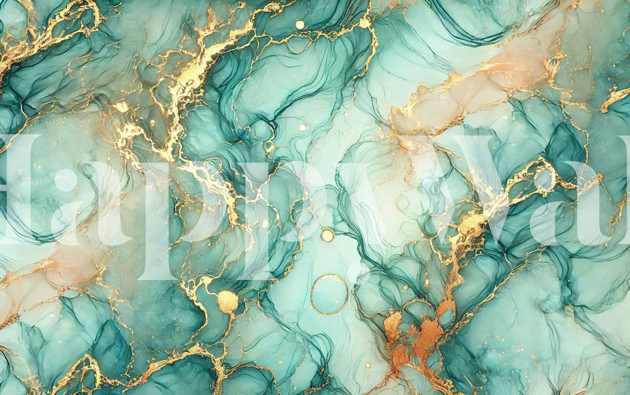 Golden turquoise alcohol ink wallpaper in a room