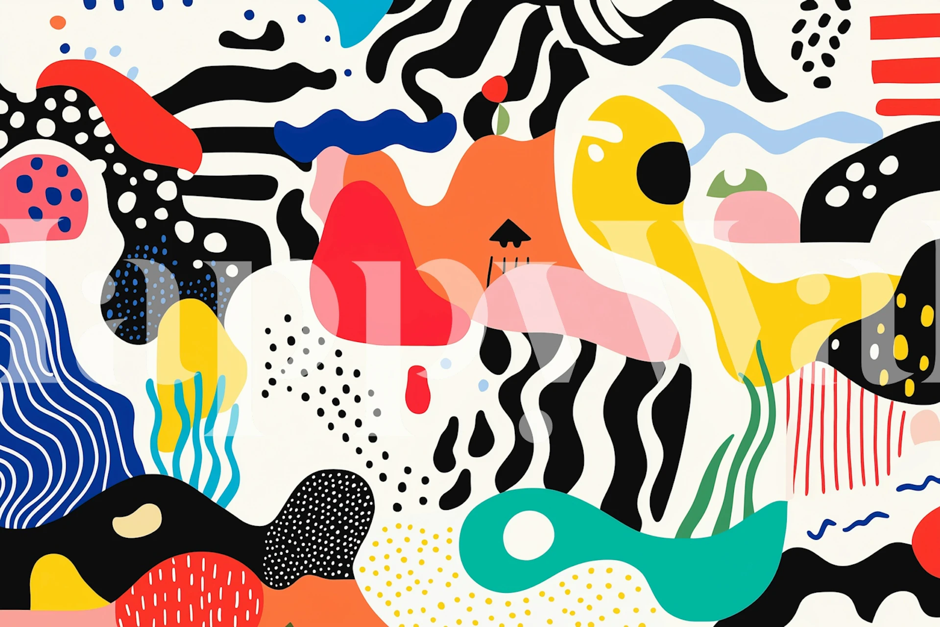 Colorful abstract shapes in black, white, red, and blue wallpaper