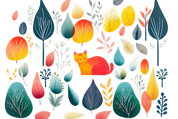 Cat and Colorful Leaves