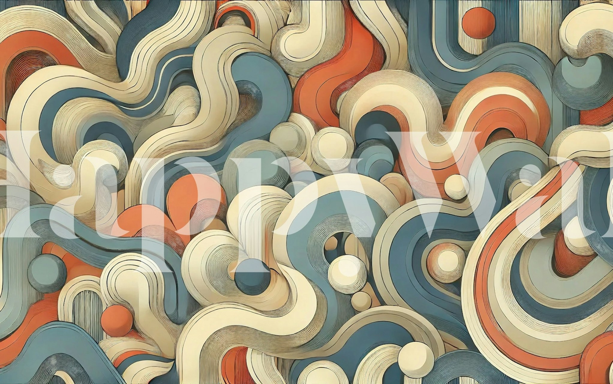 Colorful abstract mid-century wallpaper with swirls in blue, orange, and cream tones.