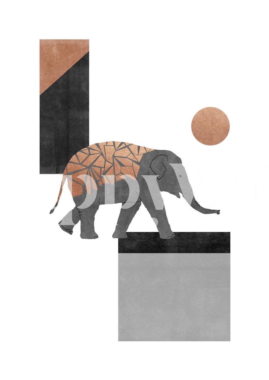 Geometric patterns with elephant and circular motifs in gray, copper, and black wallpaper