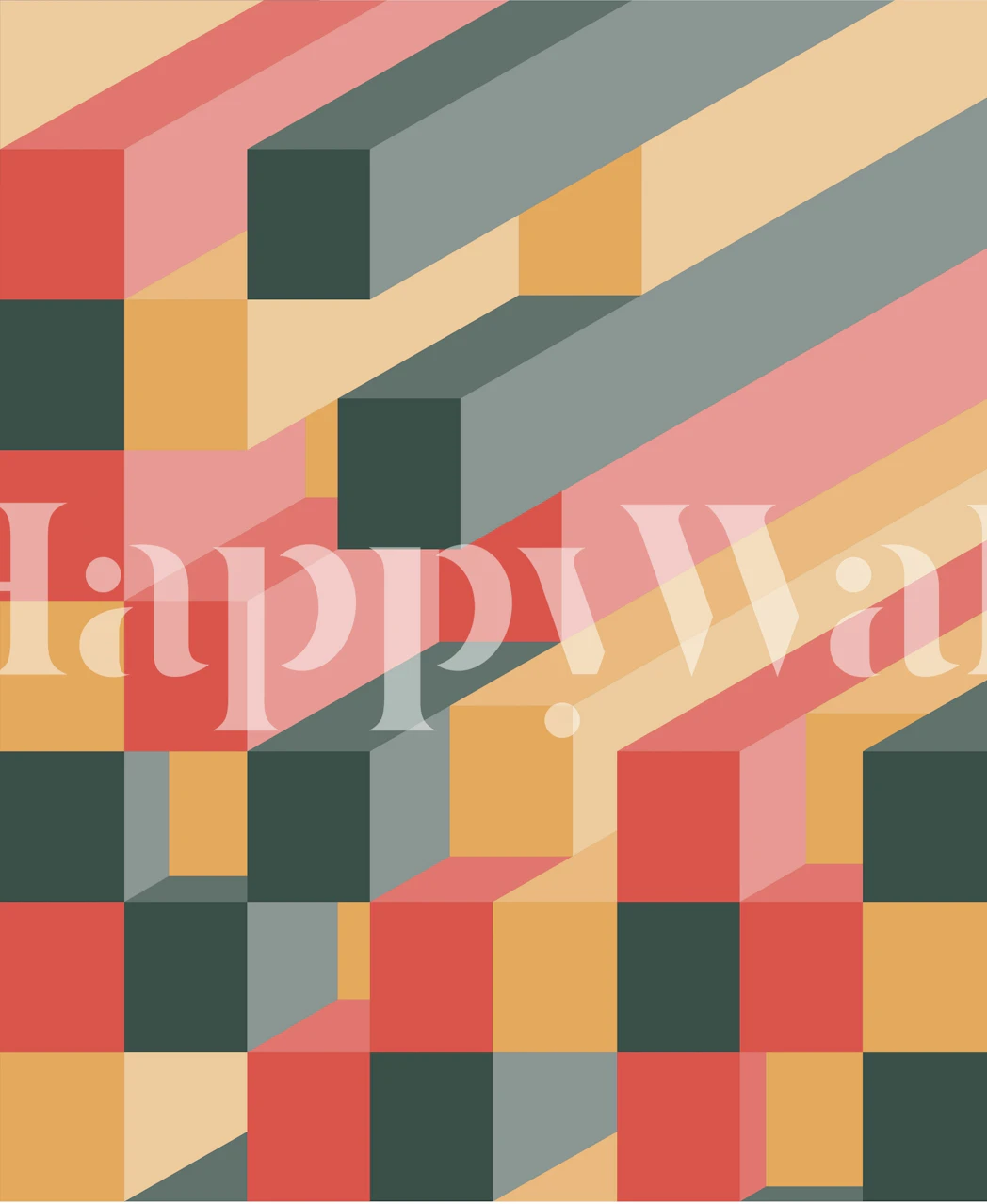 Geometric isometric blocks in red, green, and beige wallpaper