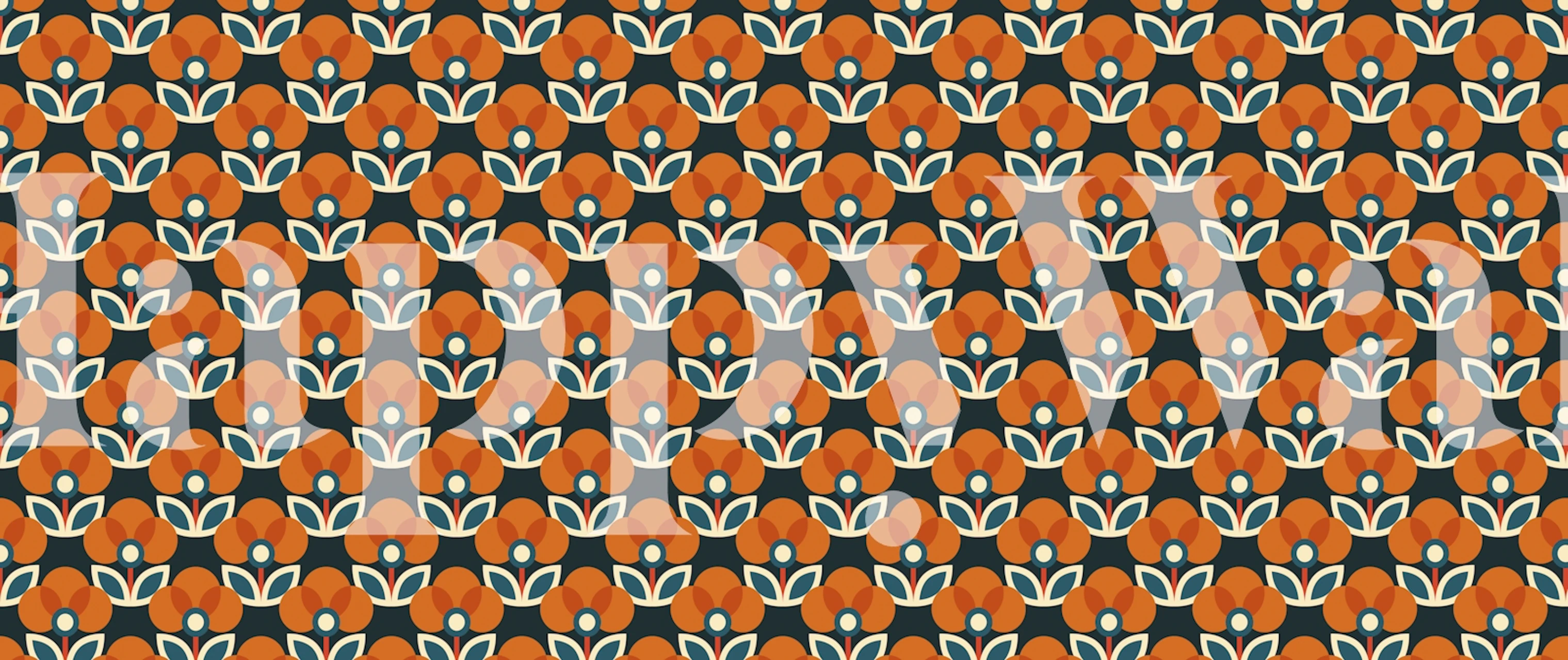Repeating orange floral pattern on dark background wallpaper
