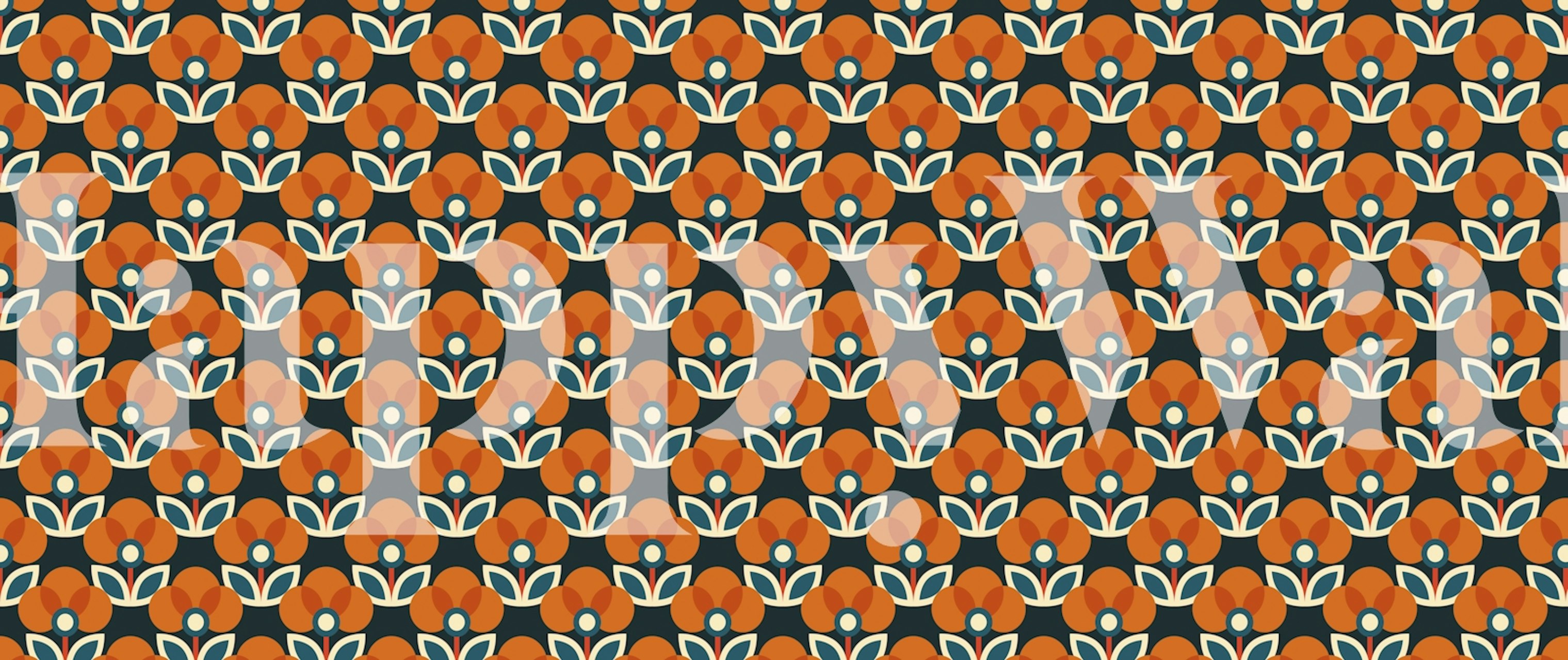Repeating orange floral pattern on dark background wallpaper