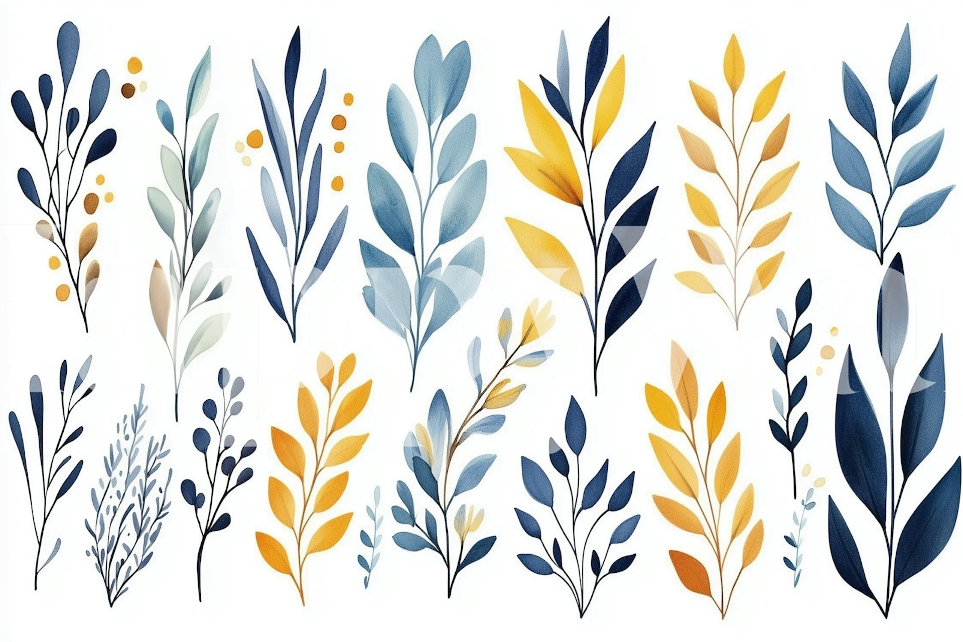 Leaves in navy, blue, and yellow tones in a botanical wallpaper design