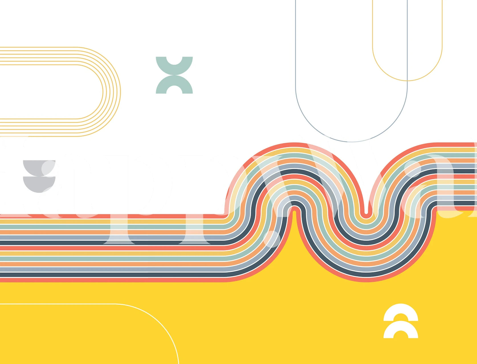 Geometric yellow, white, and colorful striped wallpaper