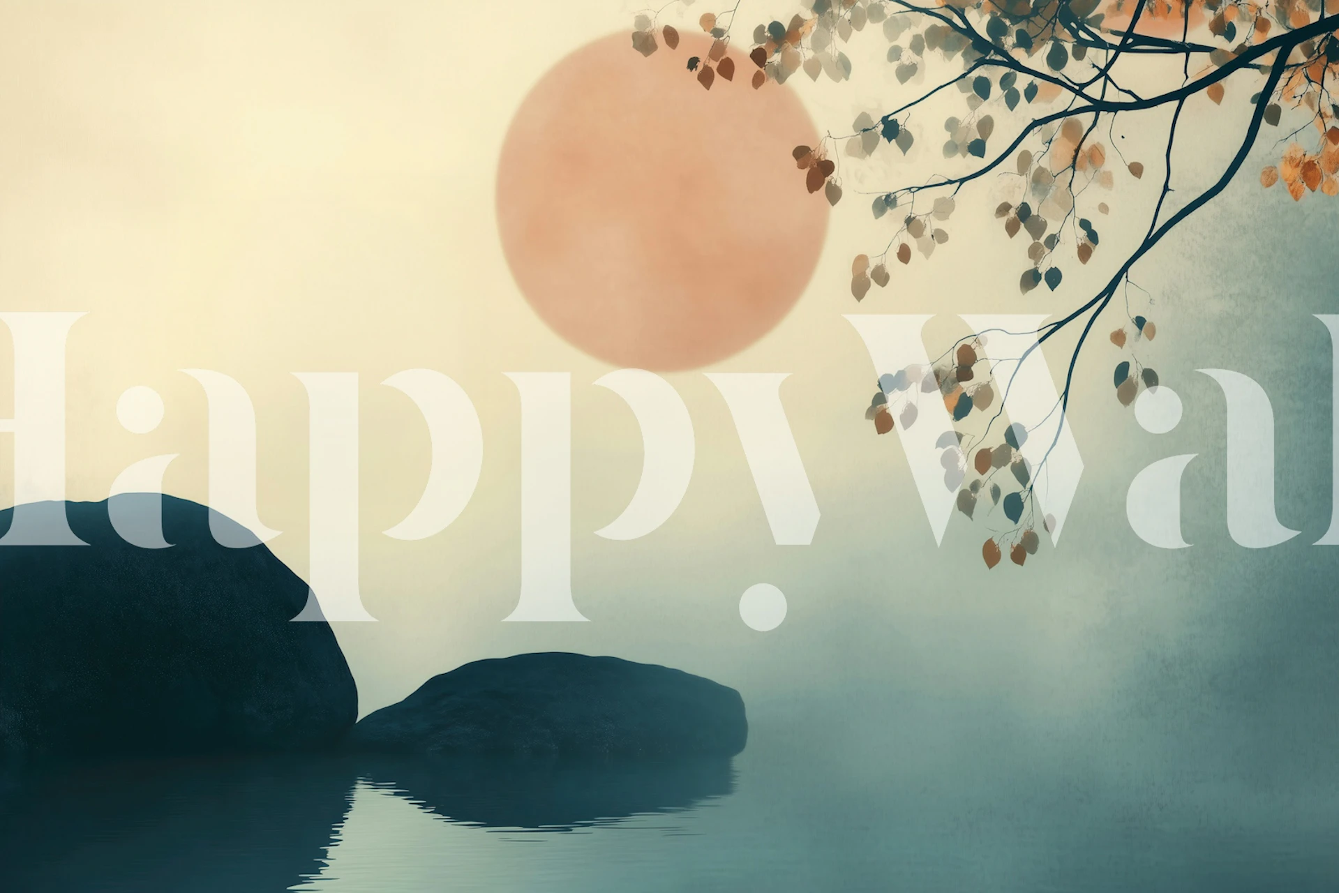 Tranquil sunset reflection on water with soft tones and leaves wallpaper