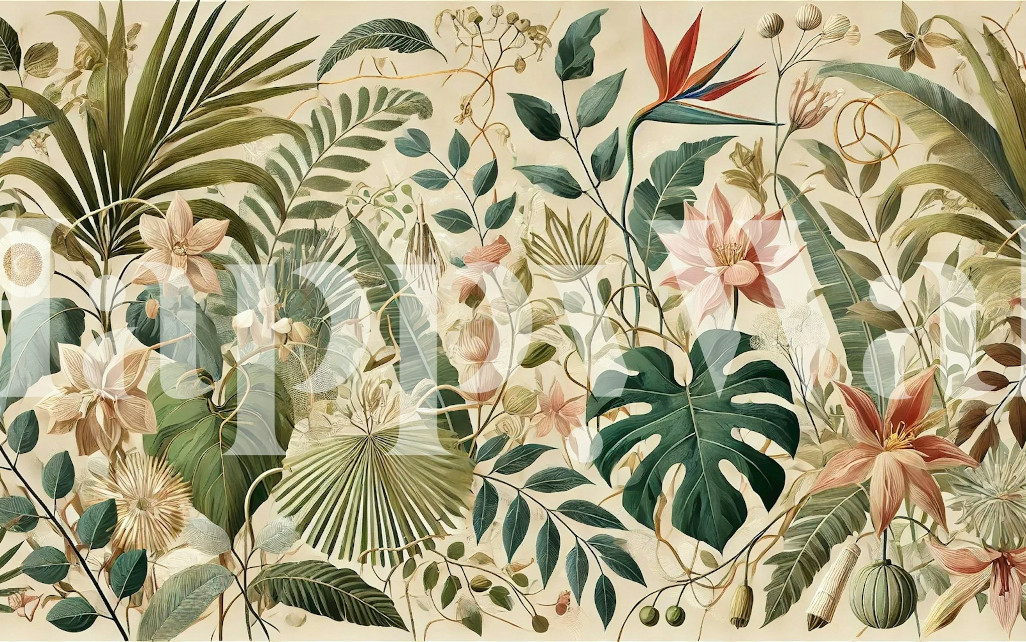 Tropical foliage and floral patterns in greens and pinks wallpaper