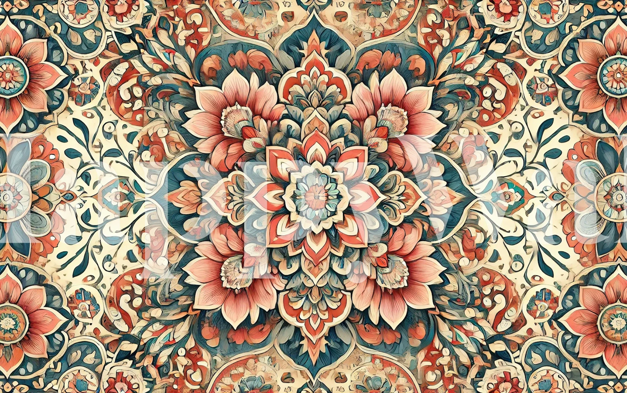 Floral mosaic pattern in pink, blue, and orange wallpaper
