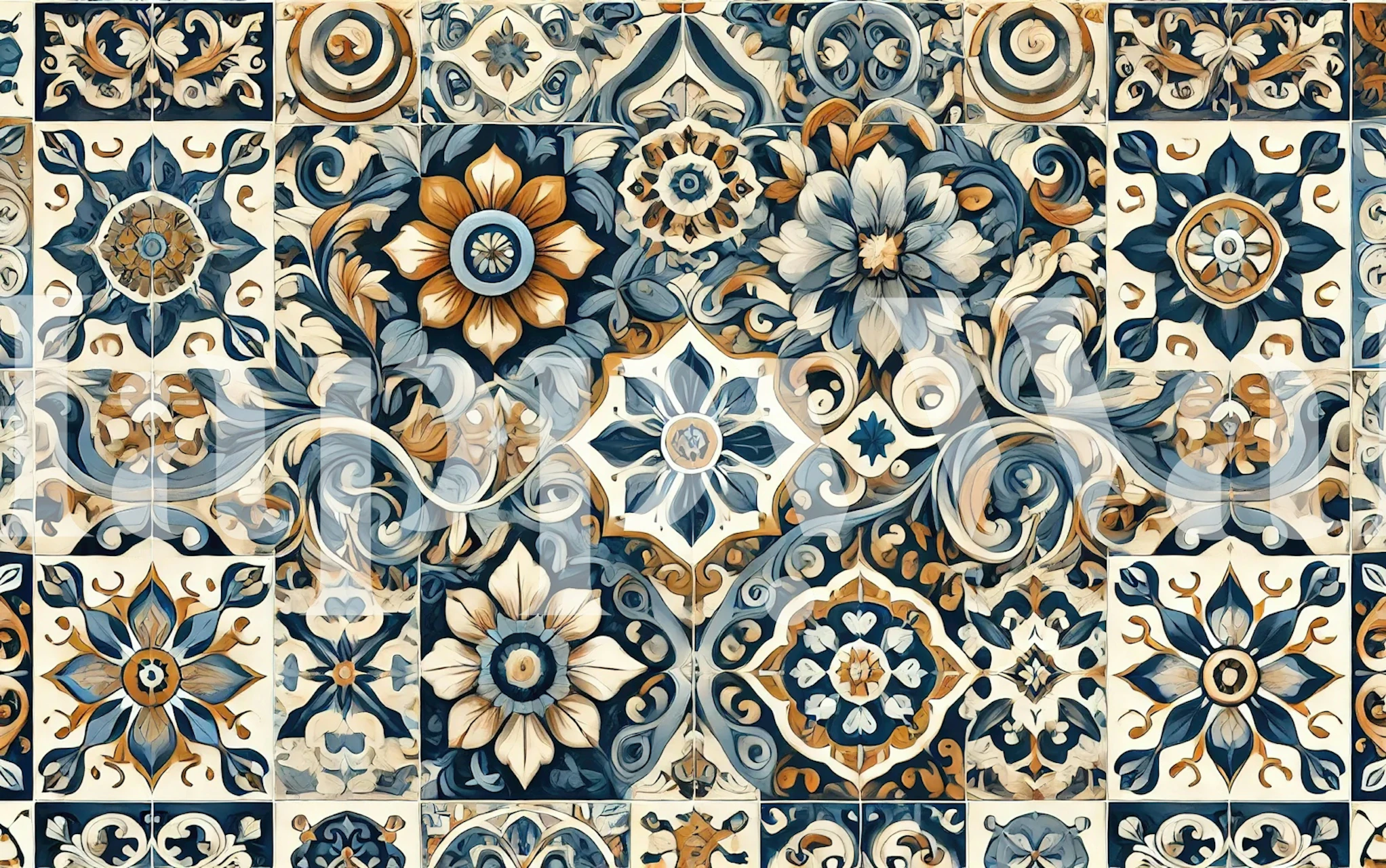 Colorful Mediterranean floral tile wallpaper design in blue and gold