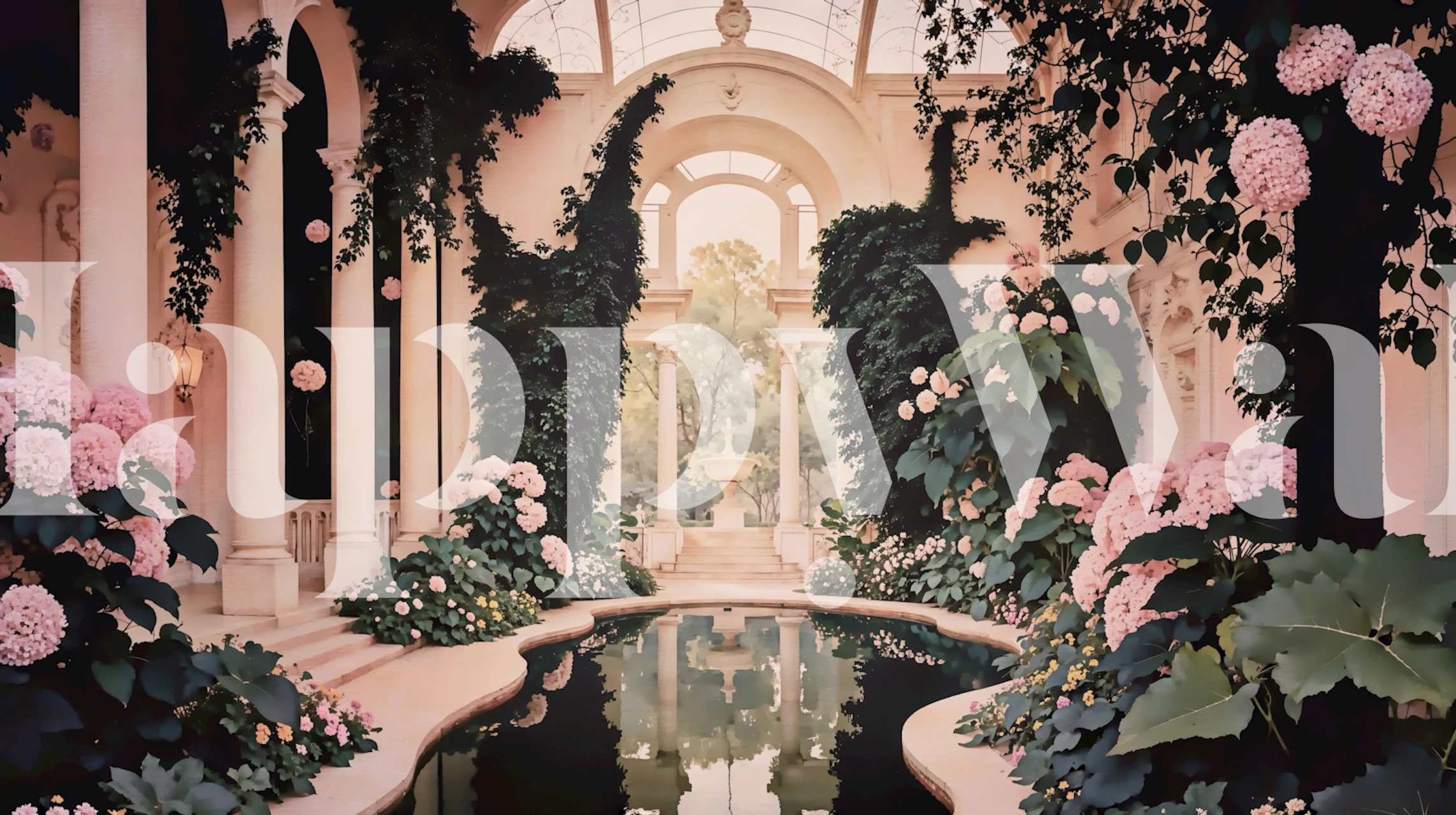 Floral designs with pink flowers and green leaves wallpaper