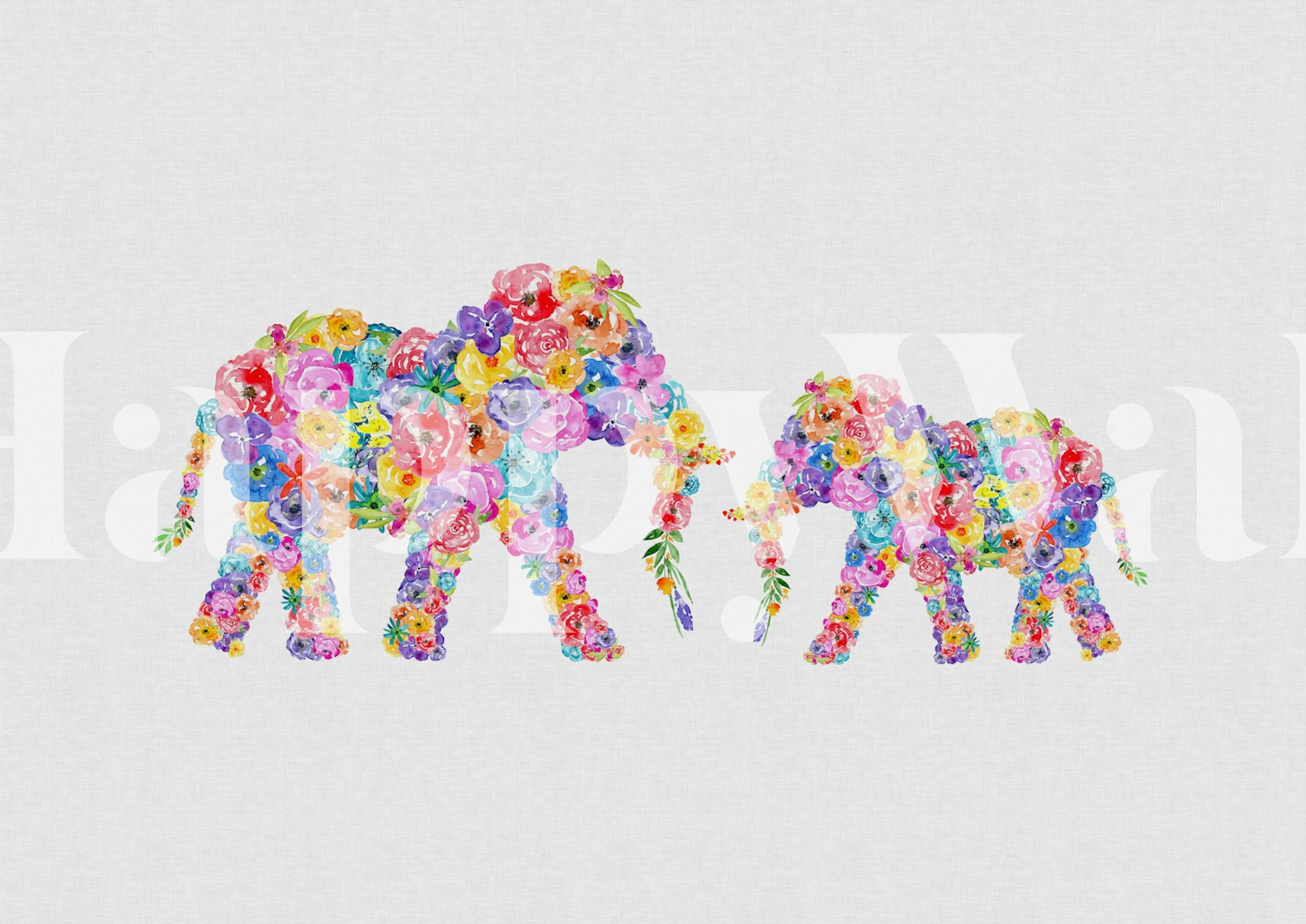 Colorful elephants covered in flowers on gray background wallpaper