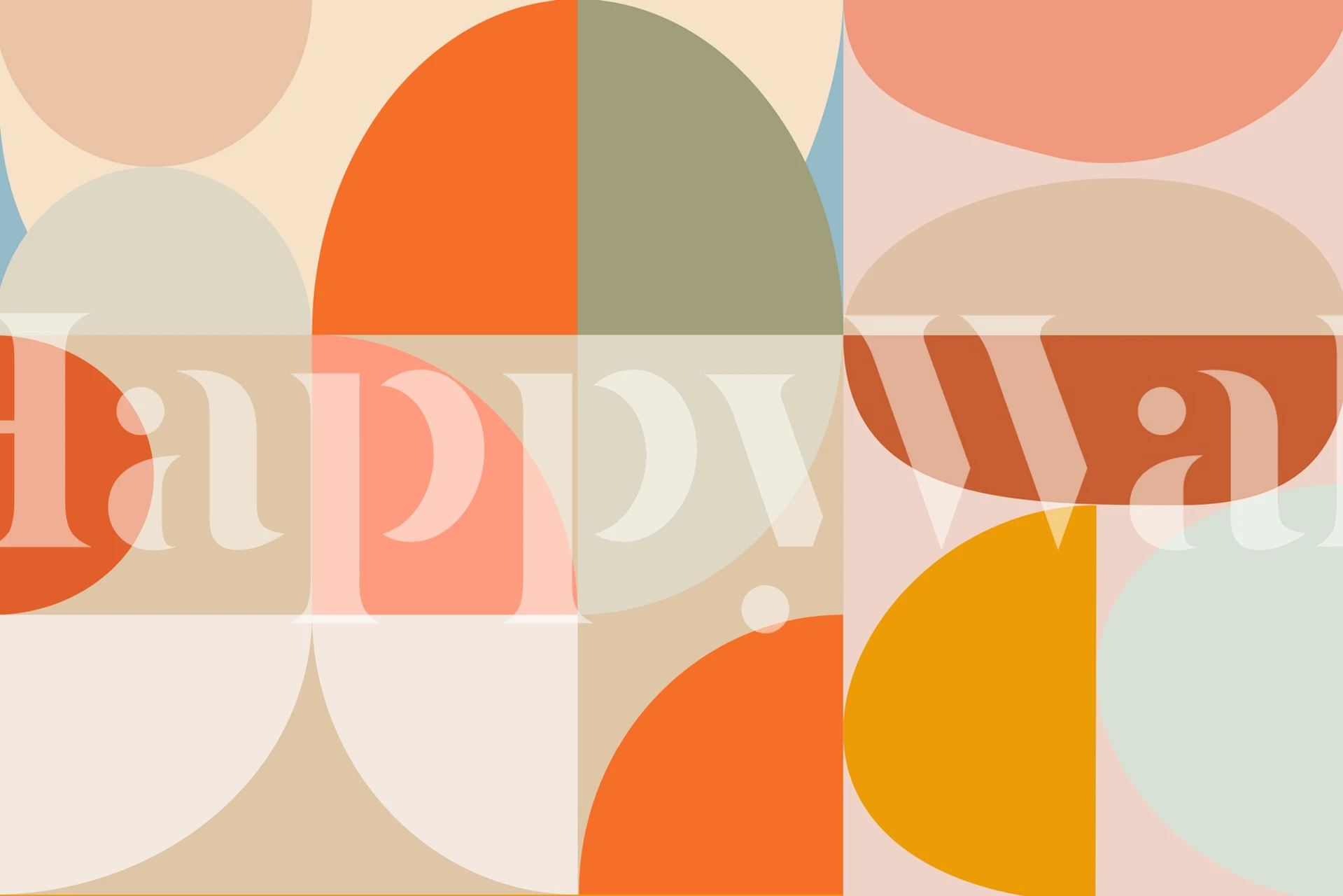 Geometrisches Wallpaper in Pastellfarben wie Orange, Beige, Grün und Rosa im Mid-Century-Stil.