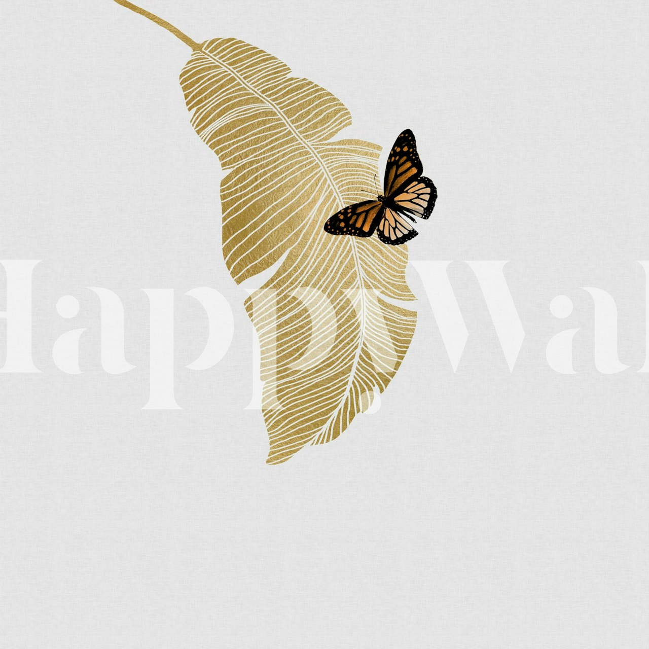 Butterfly resting on a gold palm leaf; minimalistic wallpaper