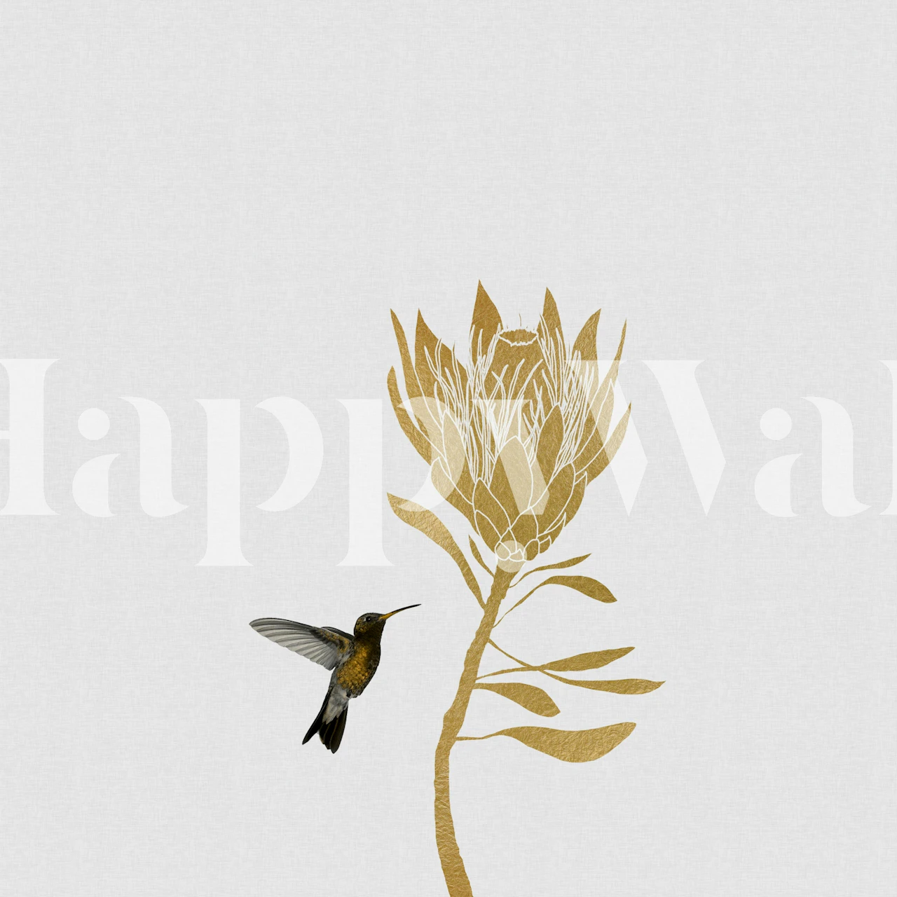 Hummingbird and flower design in gold tones wallpaper