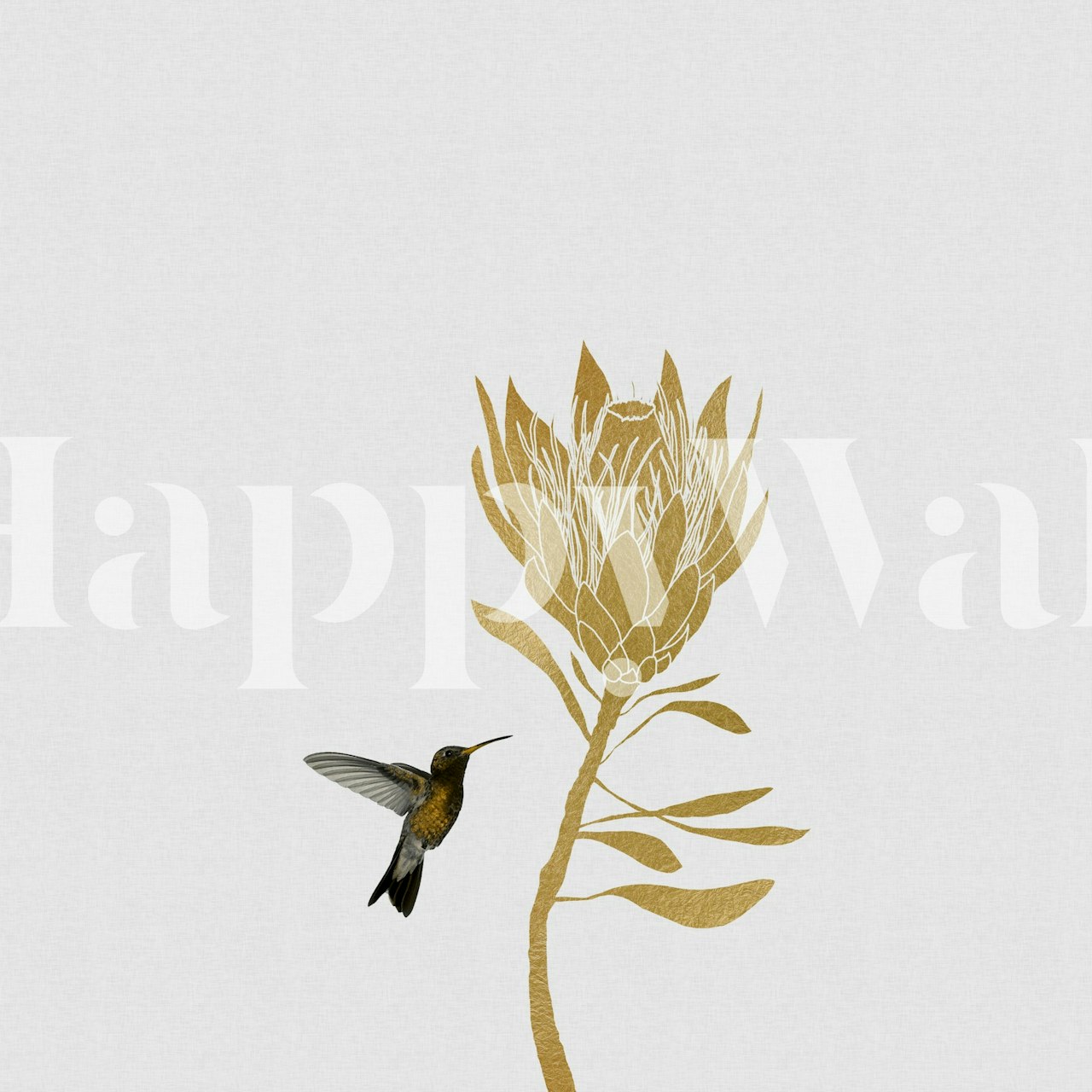 Hummingbird and flower design in gold tones wallpaper